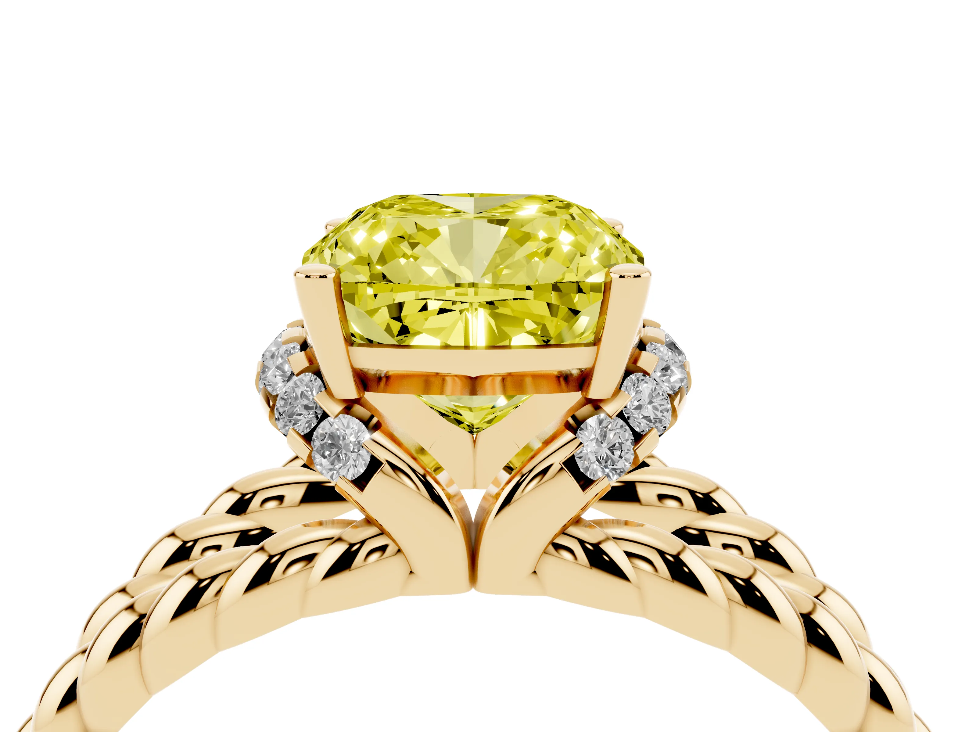 Fancy Yellow Cushion Cut Diamond Halo Ring Set in Yellow gold with Twisted Band and Prong Setting