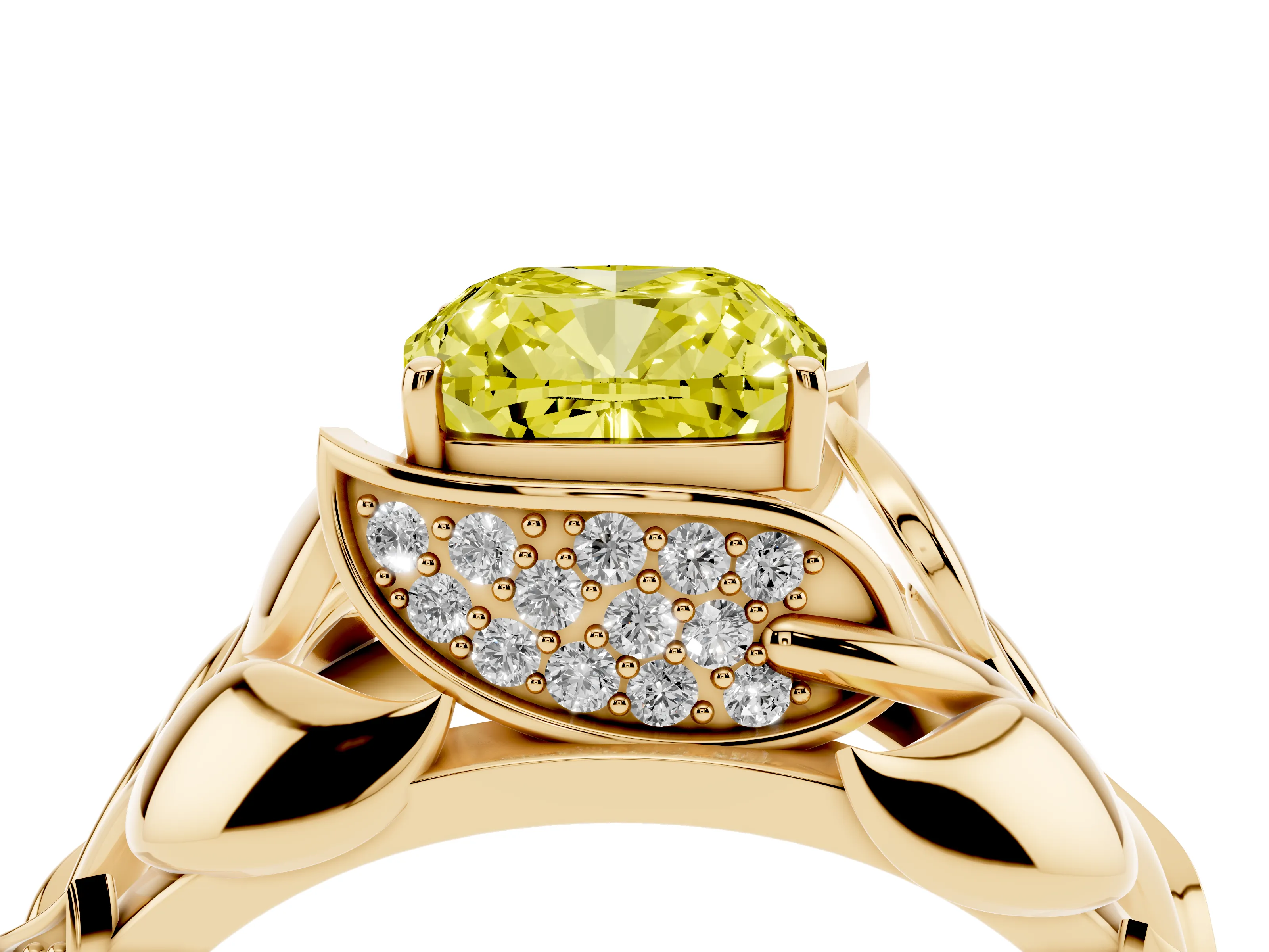 Fancy Yellow Cushion Cut Diamond Leaf-Inspired Engagement Ring Set in Yellow gold with Round Accents