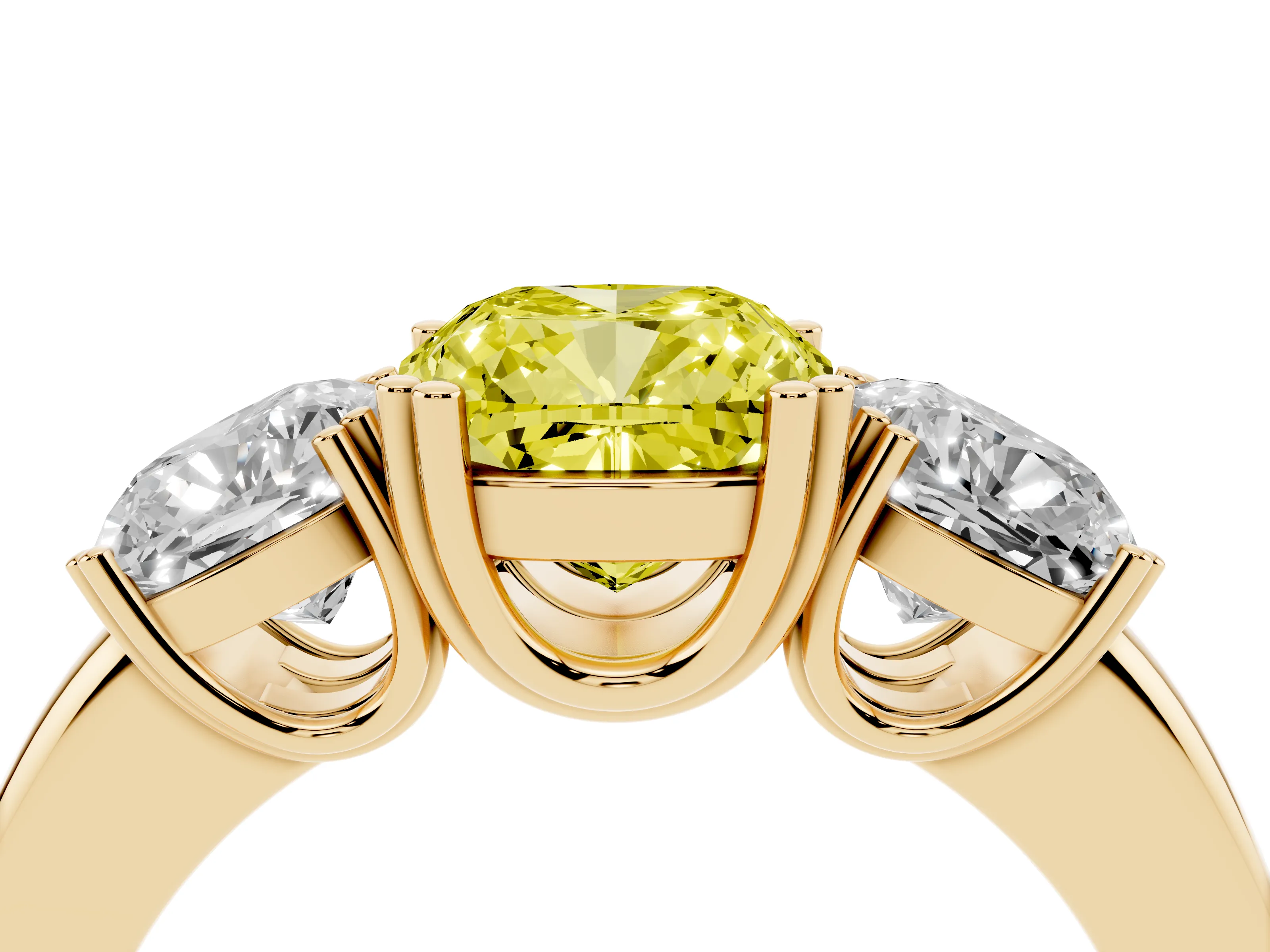 Fancy Yellow Cushion Cut Diamond Three-Stone Ring Set in Yellow gold with Polished Band and Prong Setting