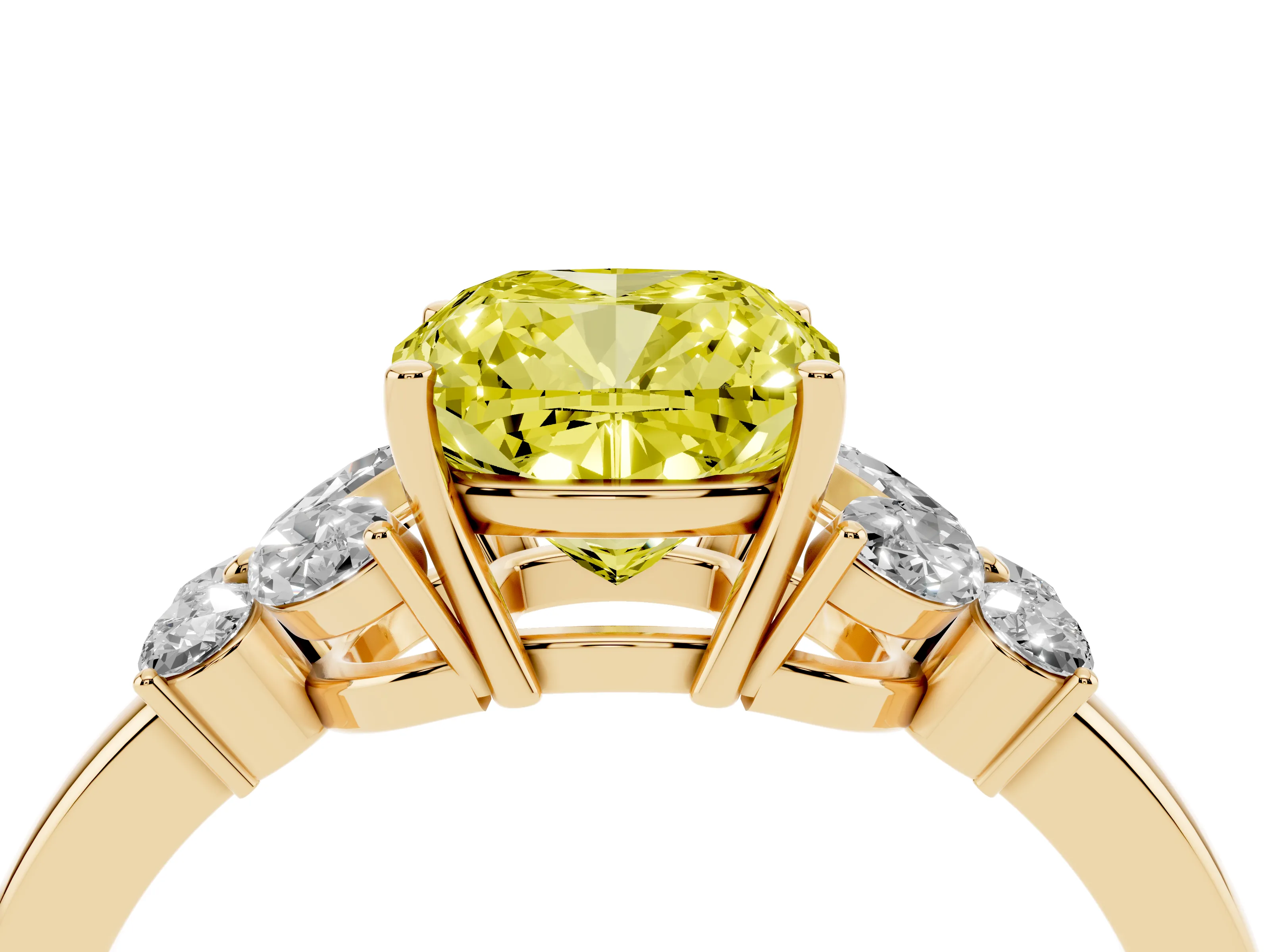 Fancy Yellow Cushion Cut Diamond Solitaire Floral Ring Set in Yellow gold with Marquise Petals and Prong Setting
