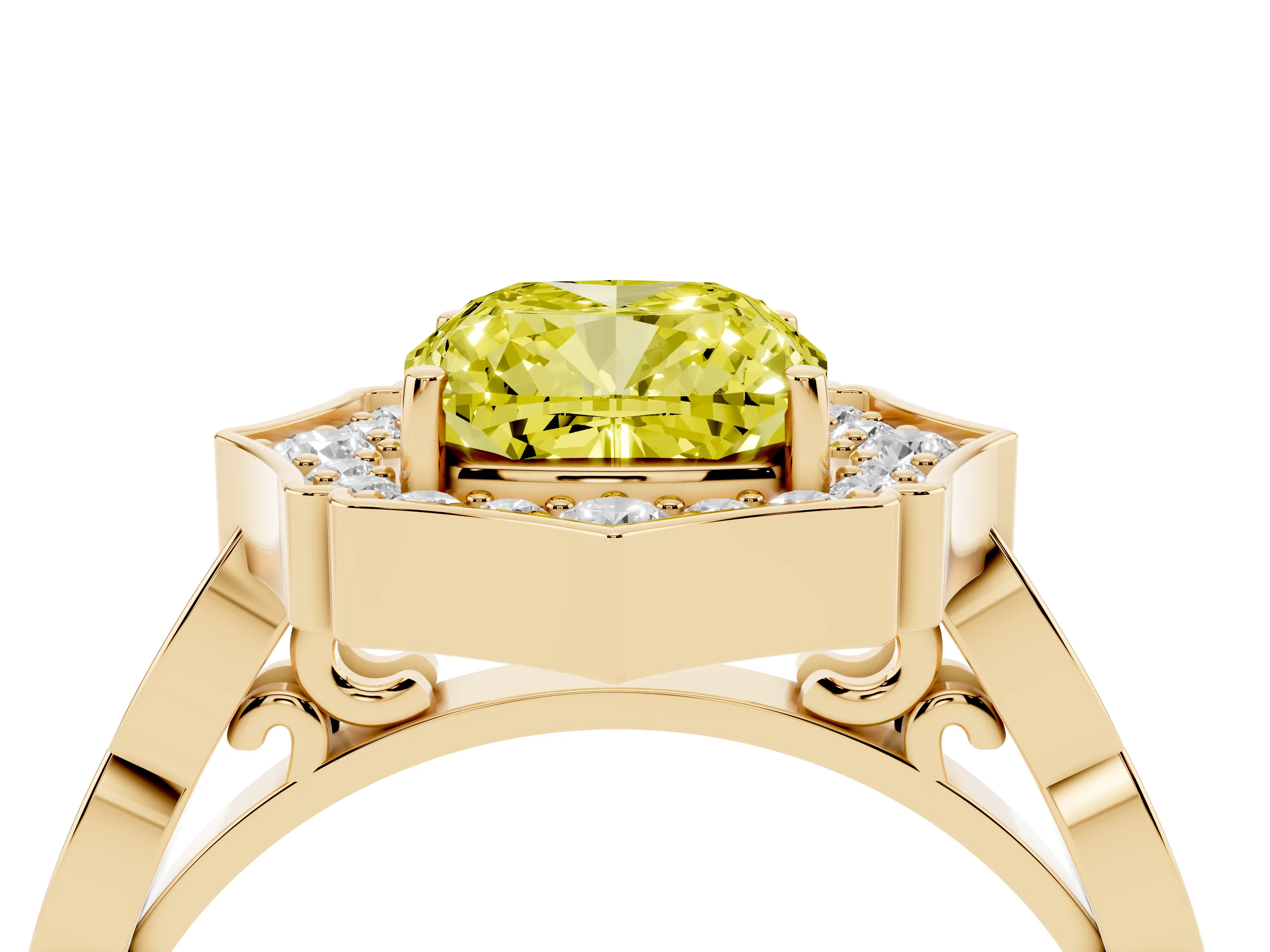 Fancy Yellow Cushion Cut Diamond Halo Engagement Ring Set in Yellow gold with Milgrain Band and Prong Setting
