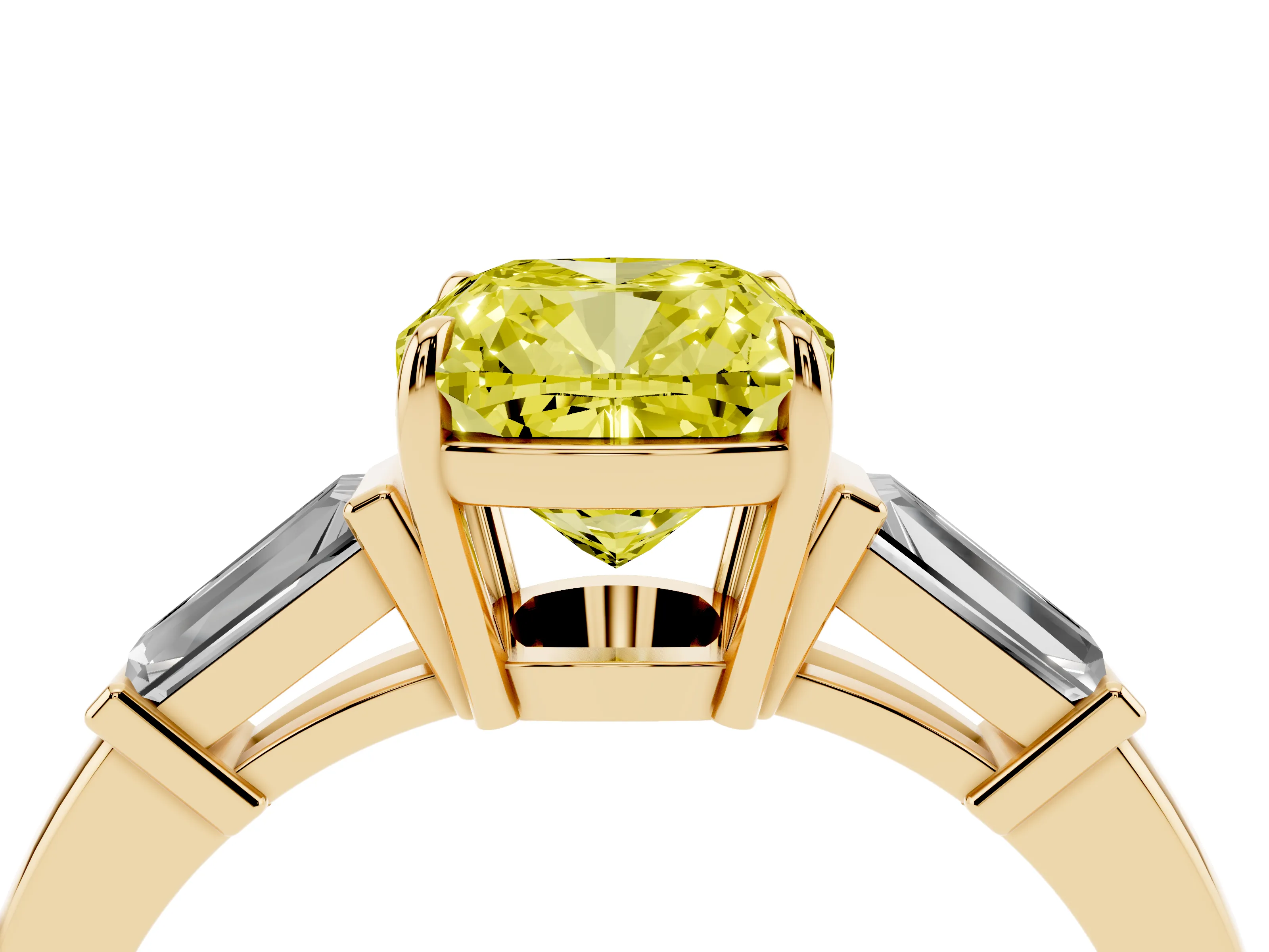 Fancy Yellow Cushion Cut Diamond Three-Stone Ring Set in Yellow gold with Tapered Baguette Side Stones and Prong Setting