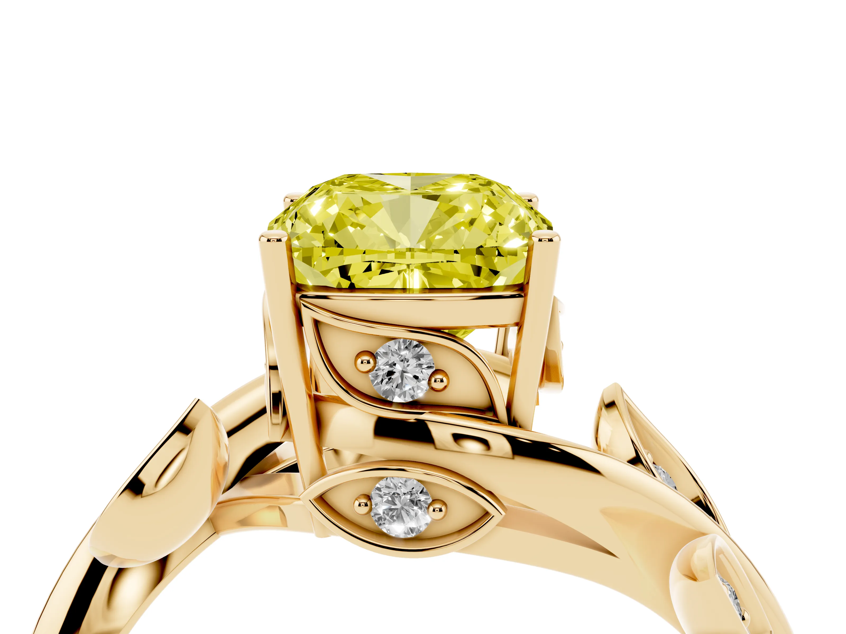 Fancy Yellow Cushion Cut Diamond Solitaire Twist Engagement Ring Set in Yellow gold with Pavé Leaf Accents