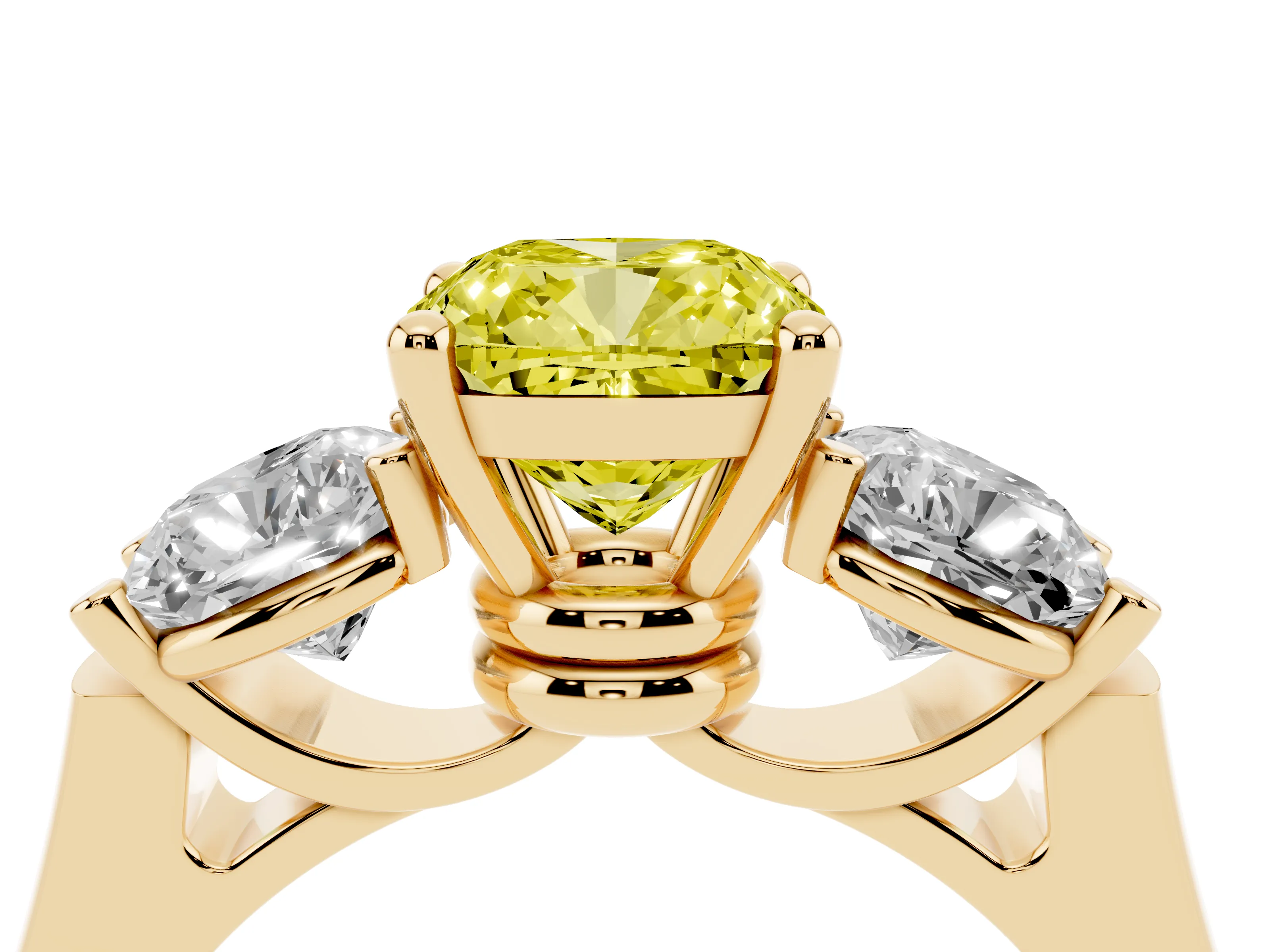 Fancy Yellow Cushion Cut Diamond Three-Stone Trellis Ring Set in Yellow gold with Comfort Fit Band