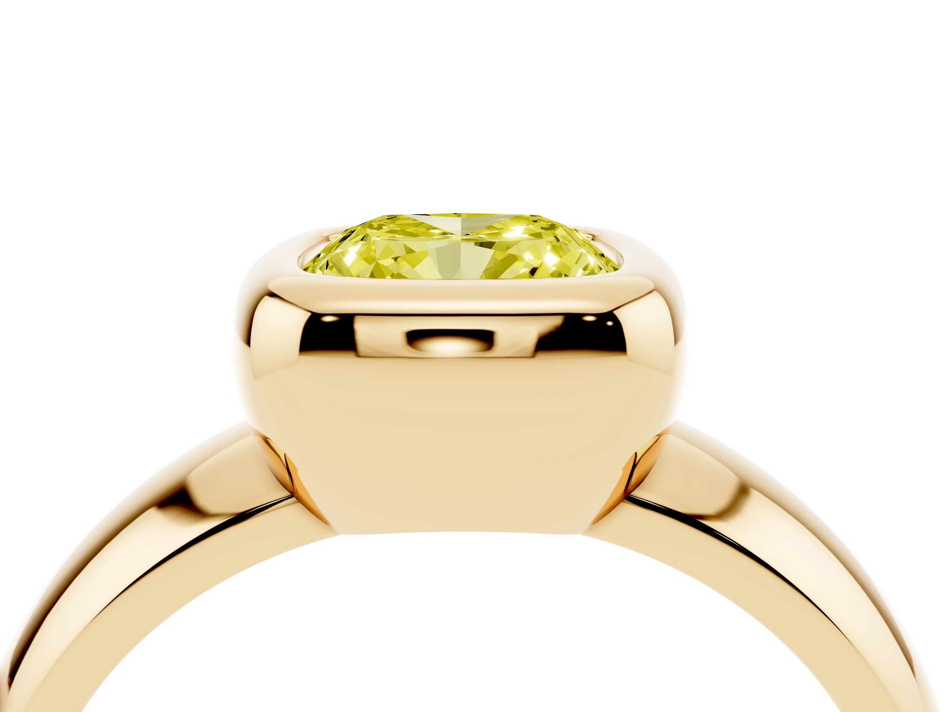 Fancy Yellow Bezel Set Cushion Cut Diamond Solitaire Ring Set in Yellow gold with Wide Band