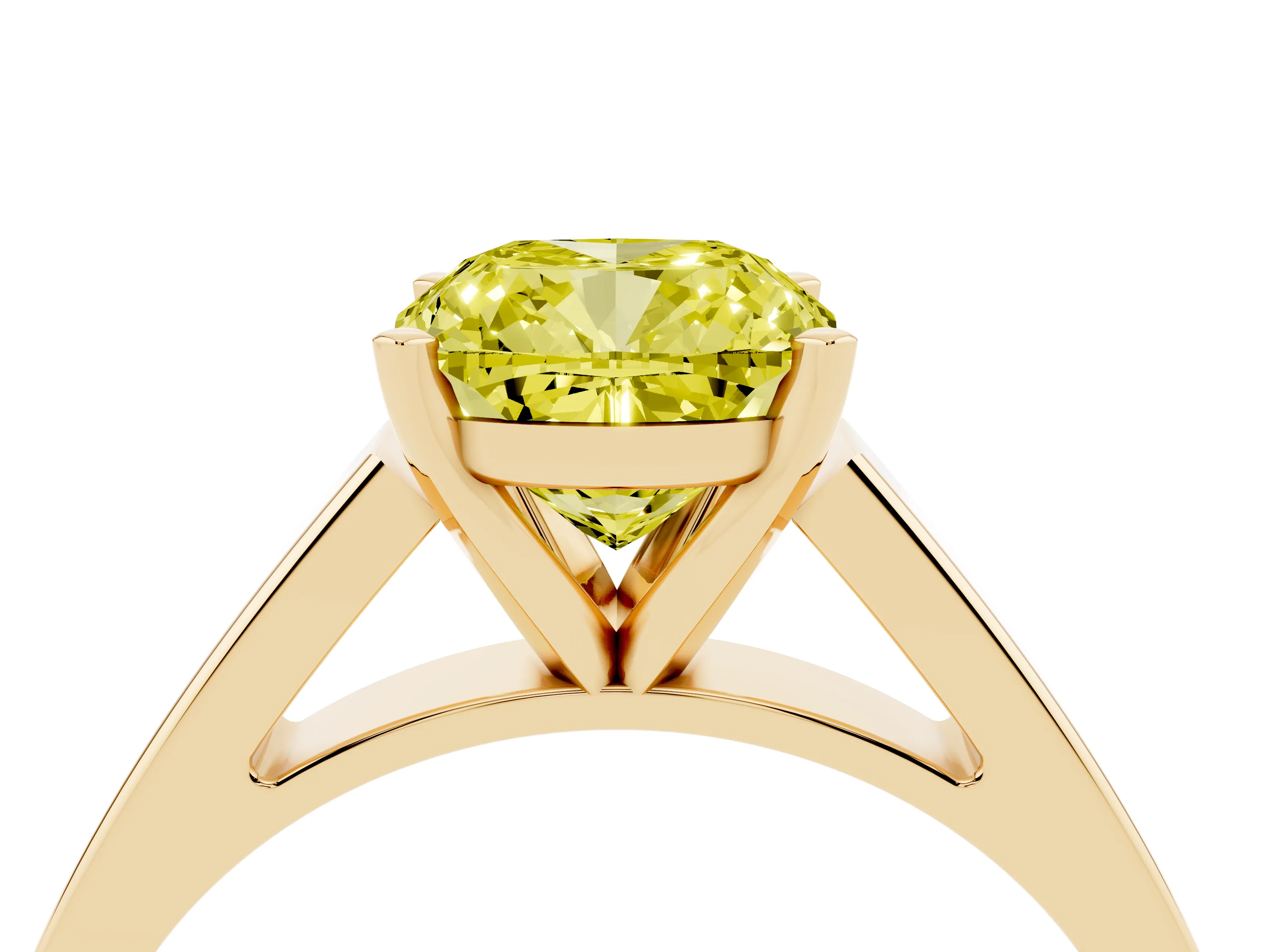 Fancy Yellow Cushion Cut Diamond Solitaire Engagement Ring Set in Yellow gold with Prong Setting and Tapered Band