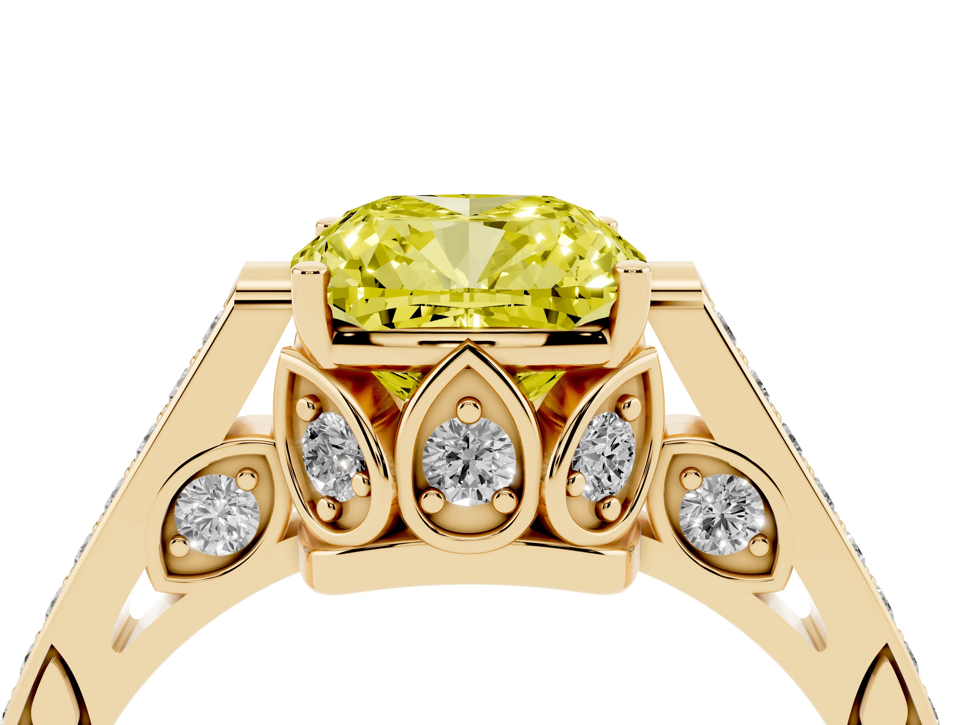 Fancy Yellow Cushion Cut Diamond Cathedral Pavé Engagement Ring Set in Yellow gold with Prong Setting