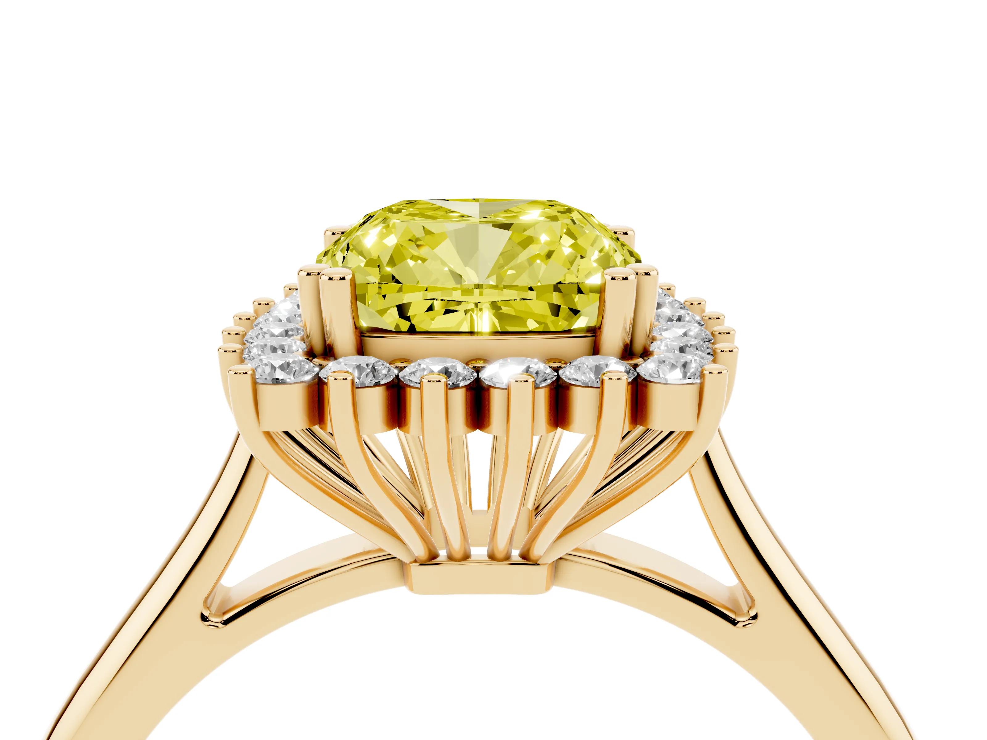 Fancy Yellow Cushion Cut Diamond Halo Ring Set in Yellow gold with Plain Solitaire Band and Prong Setting
