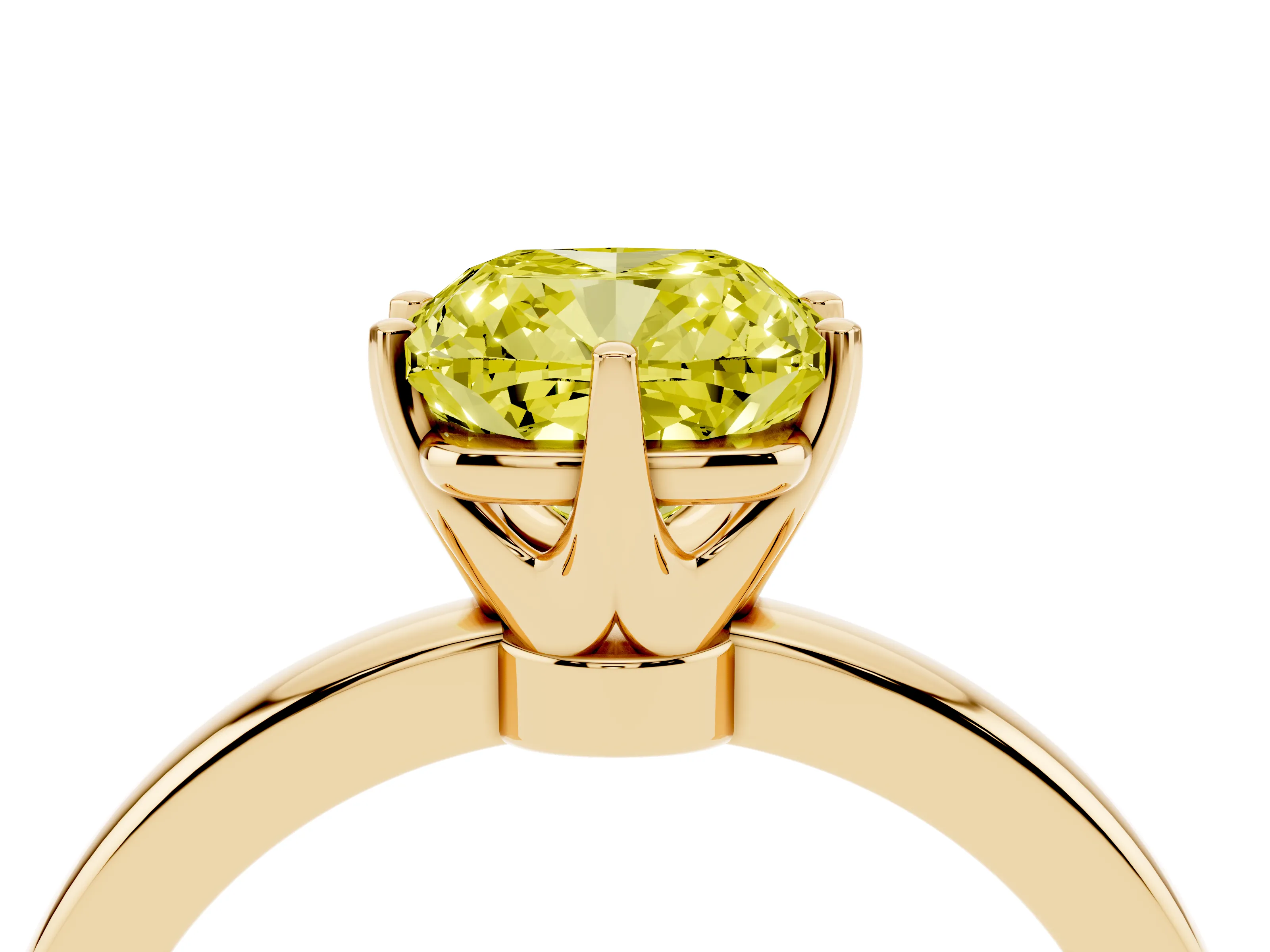 Fancy Yellow Cushion Cut Diamond Solitaire Ring Set in Yellow gold with Raised Prong Setting on a Classic Band