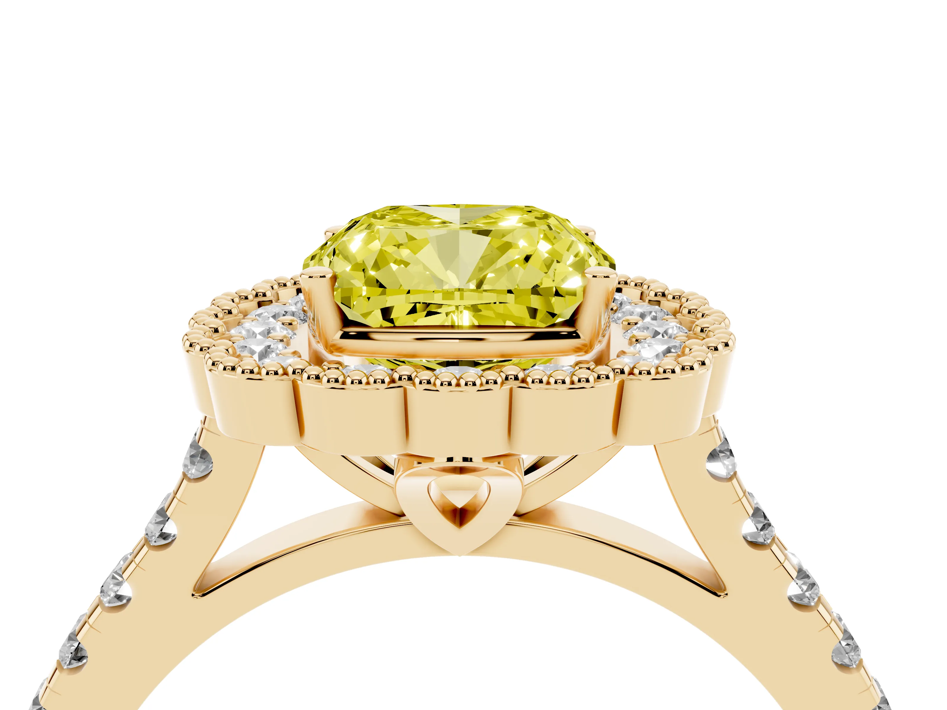 Fancy Yellow Cushion Cut Diamond Milgrain Floral Halo Engagement Ring Set in Yellow gold with Pavé Band