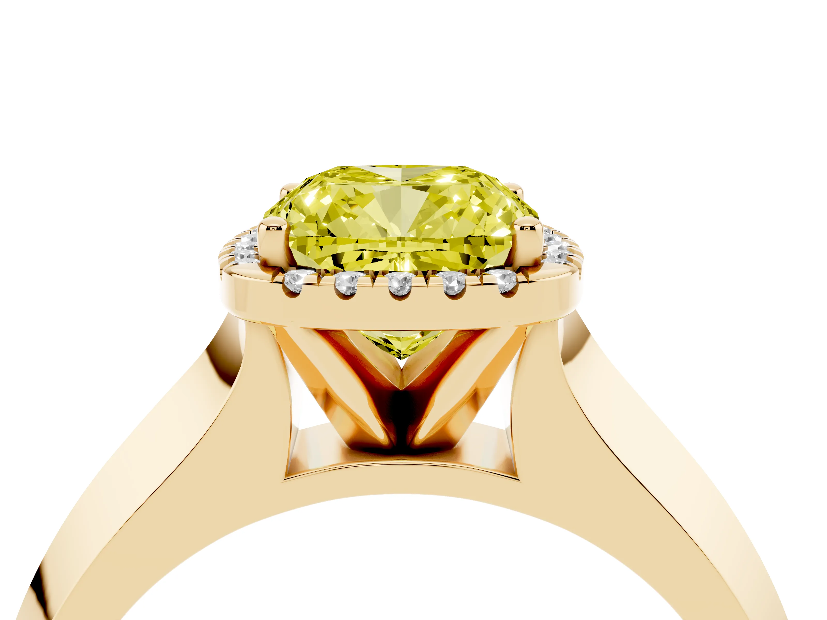 Fancy Yellow Cushion Cut Diamond Halo Ring Set in Yellow gold with Cathedral Band and Prong Setting