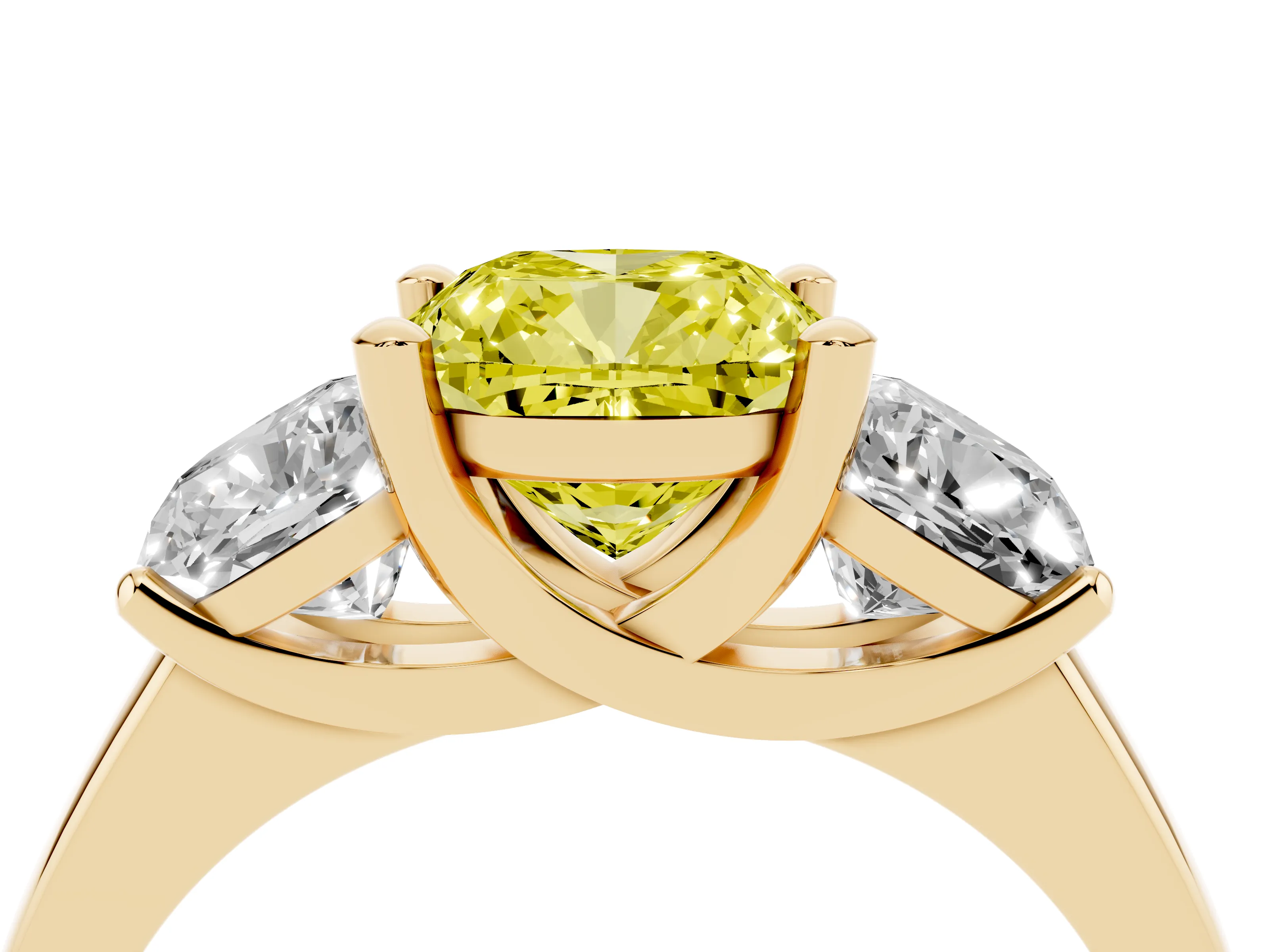 Fancy Yellow Cushion Cut Diamond Three-Stone Ring Set in Yellow gold with Classic Prong Setting and Plain Band