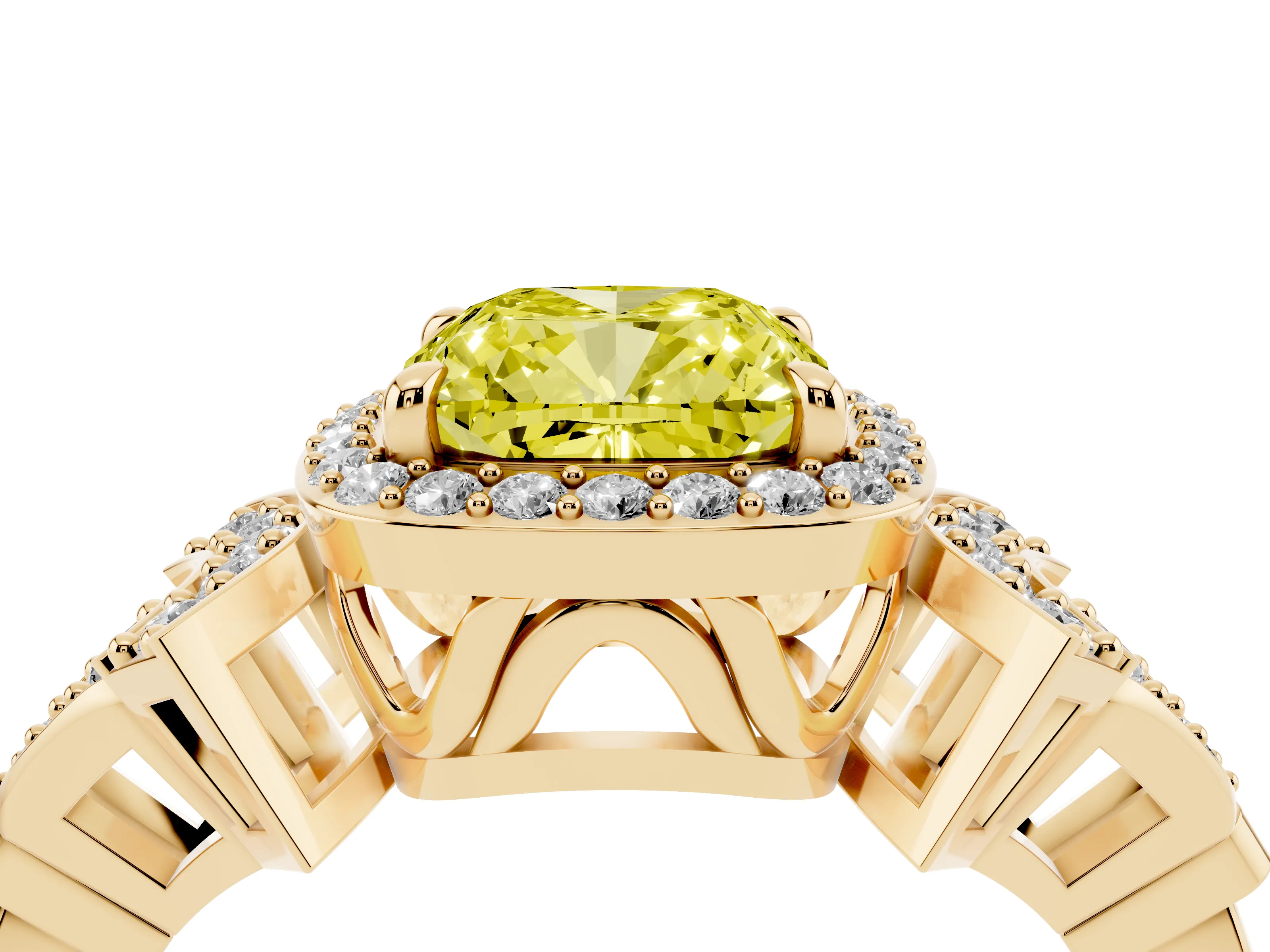 Fancy Yellow Cushion Cut Diamond Halo Engagement Ring Set in Yellow gold with Accent Stone Split Shank