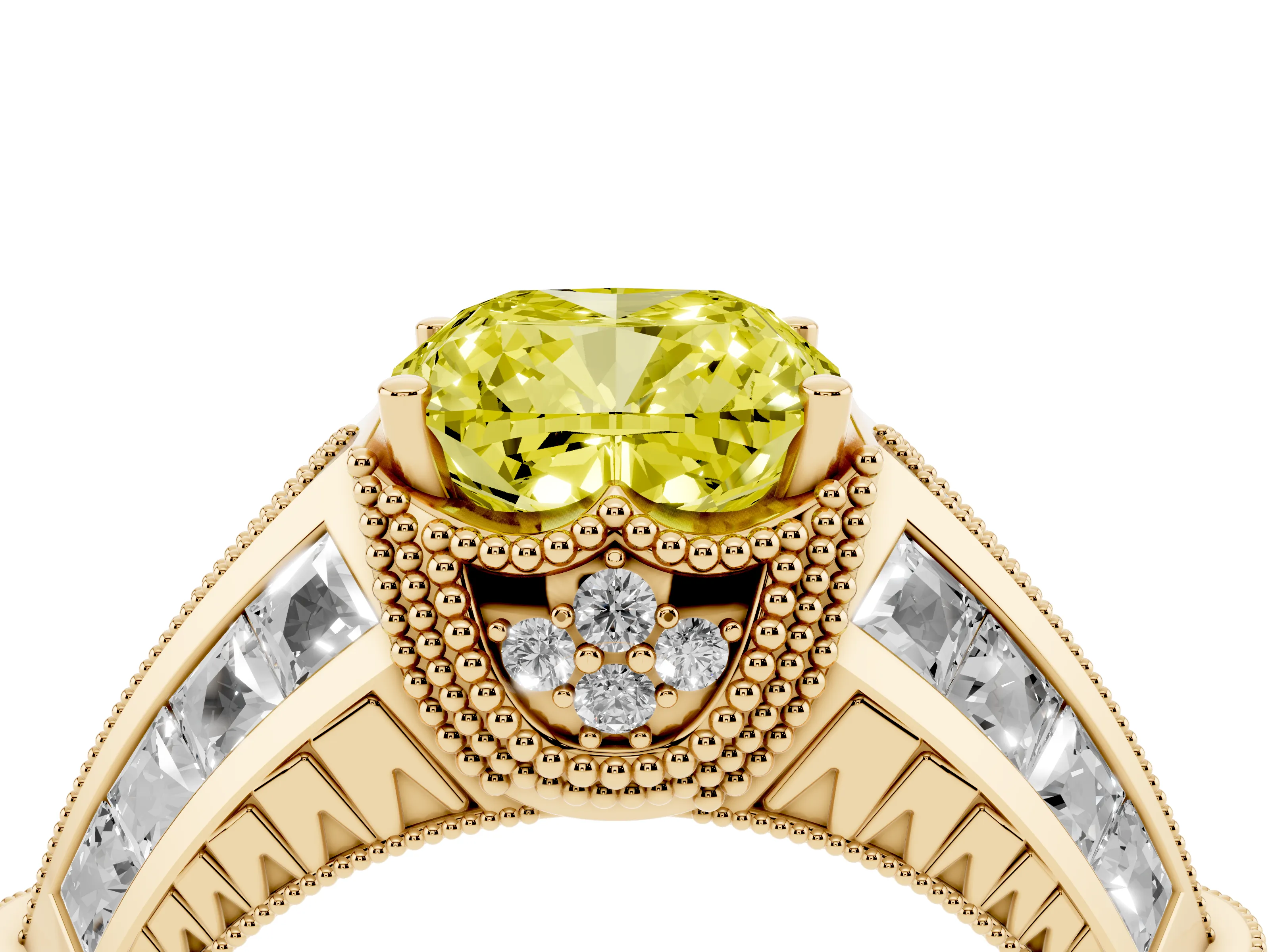 Fancy Yellow Cushion Cut Diamond Vintage-Inspired Milgrain Ring Set in Yellow gold with Accent Split Shank