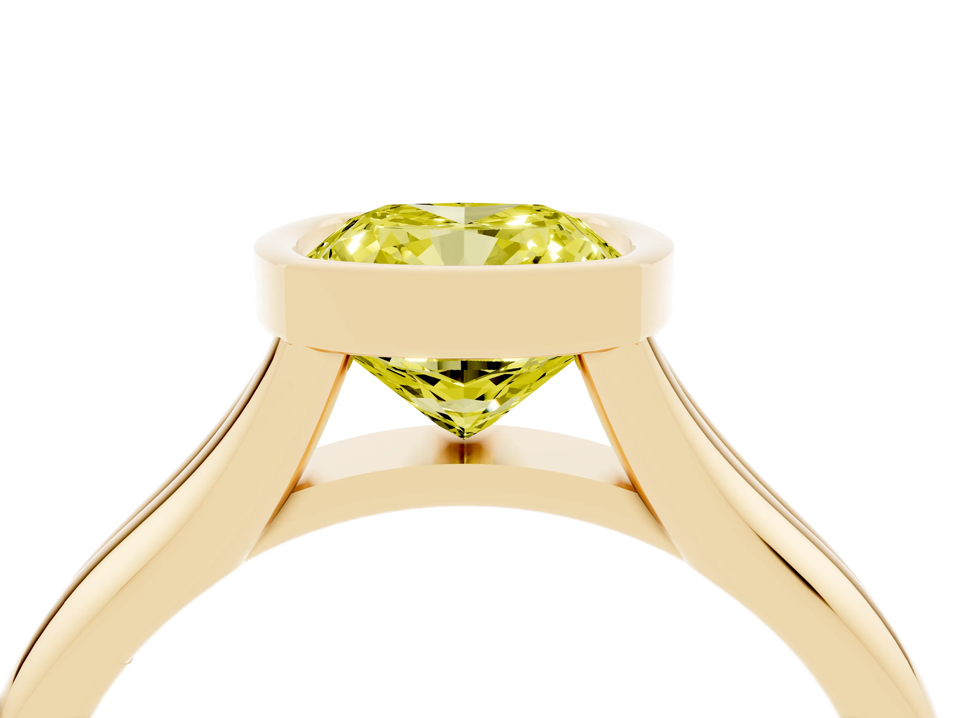 Fancy Yellow Bezel Set Cushion Cut Diamond Solitaire Ring Set in Yellow gold with Smooth Band