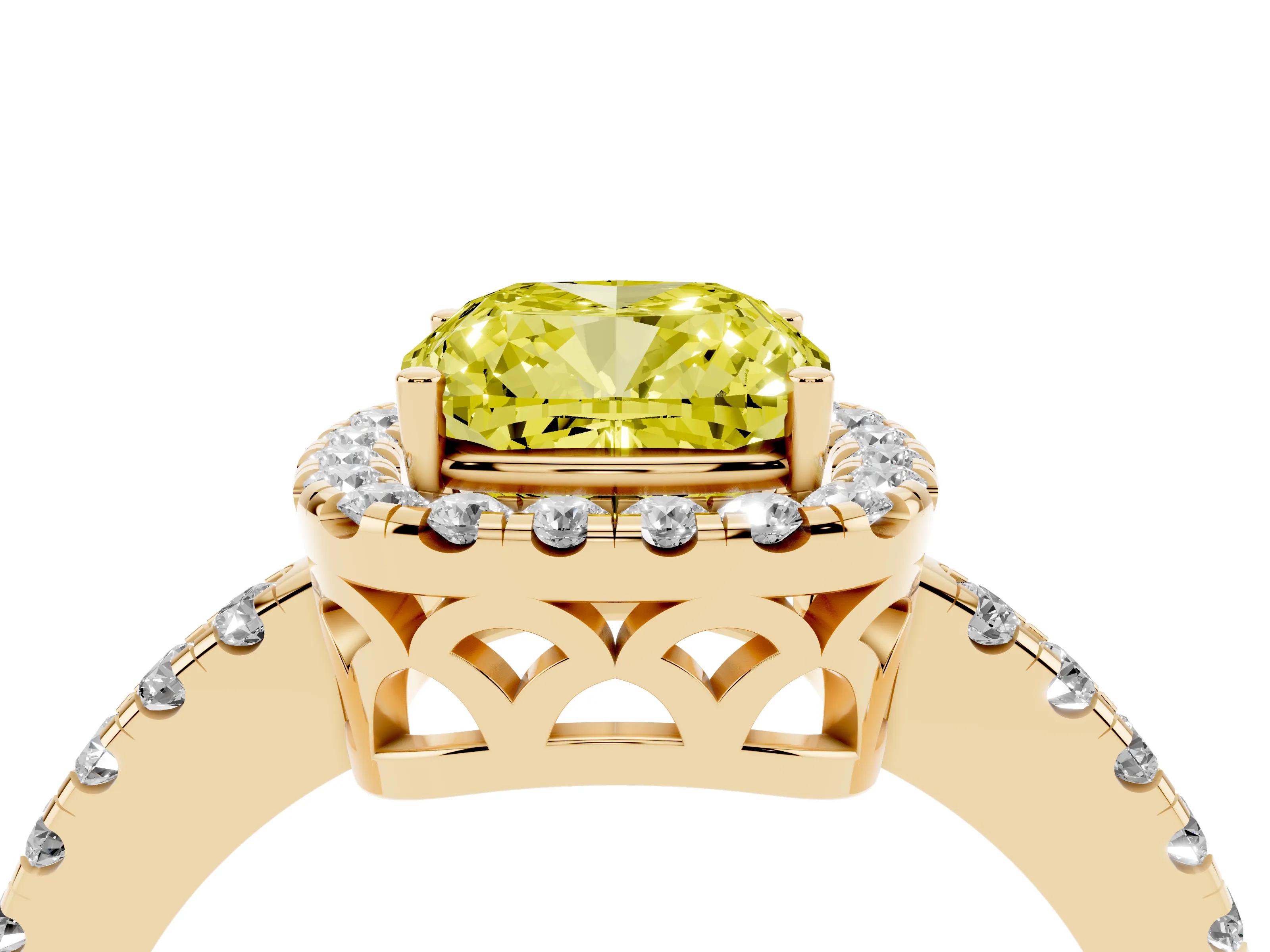 Fancy Yellow Cushion Cut Diamond Pavé Band Halo Engagement Ring Set in Yellow gold with Prong Setting
