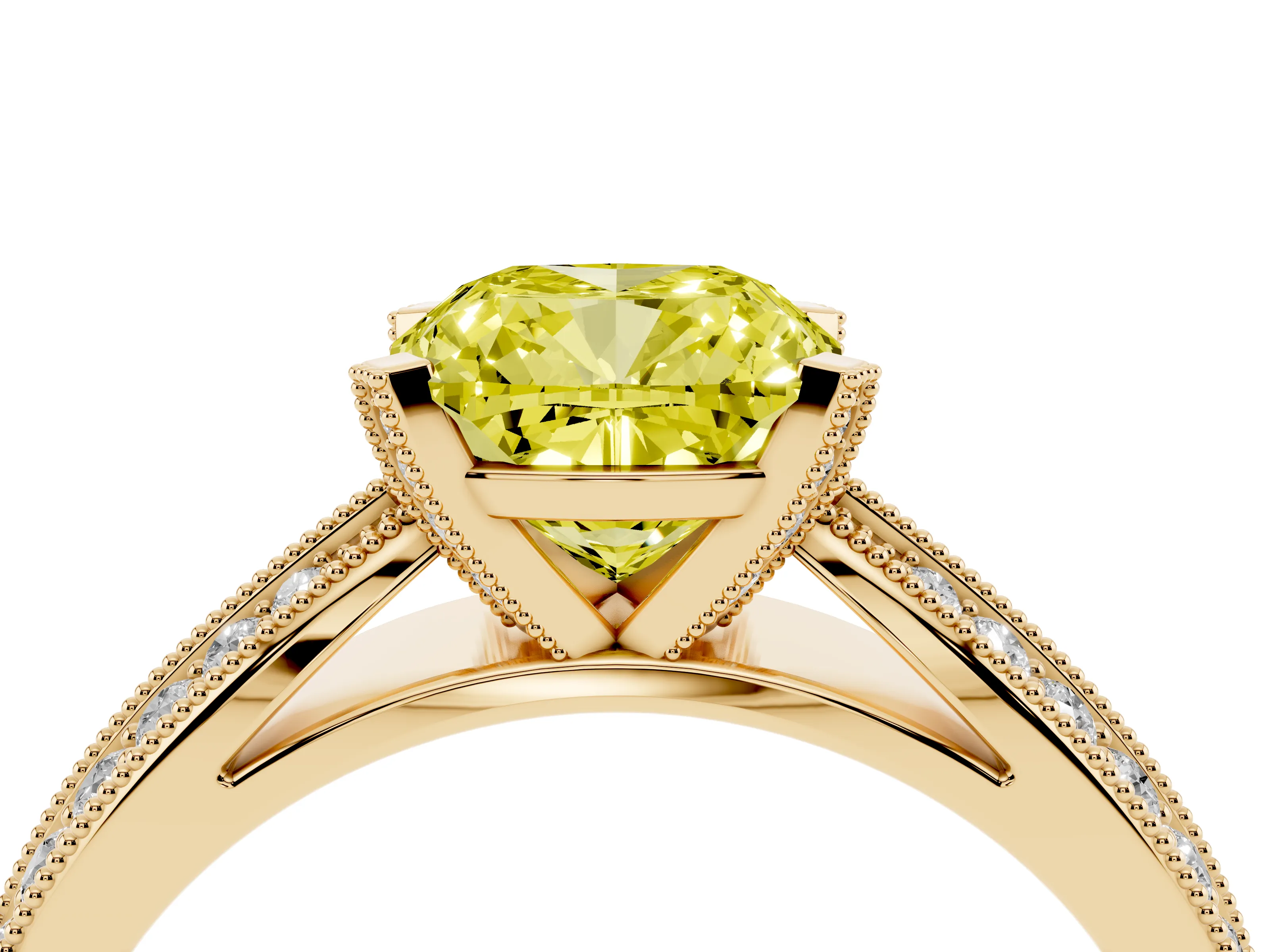 Fancy Yellow Cushion Cut Diamond Solitaire Ring Set in Yellow gold with Milgrain Double Row Round Pavé Band