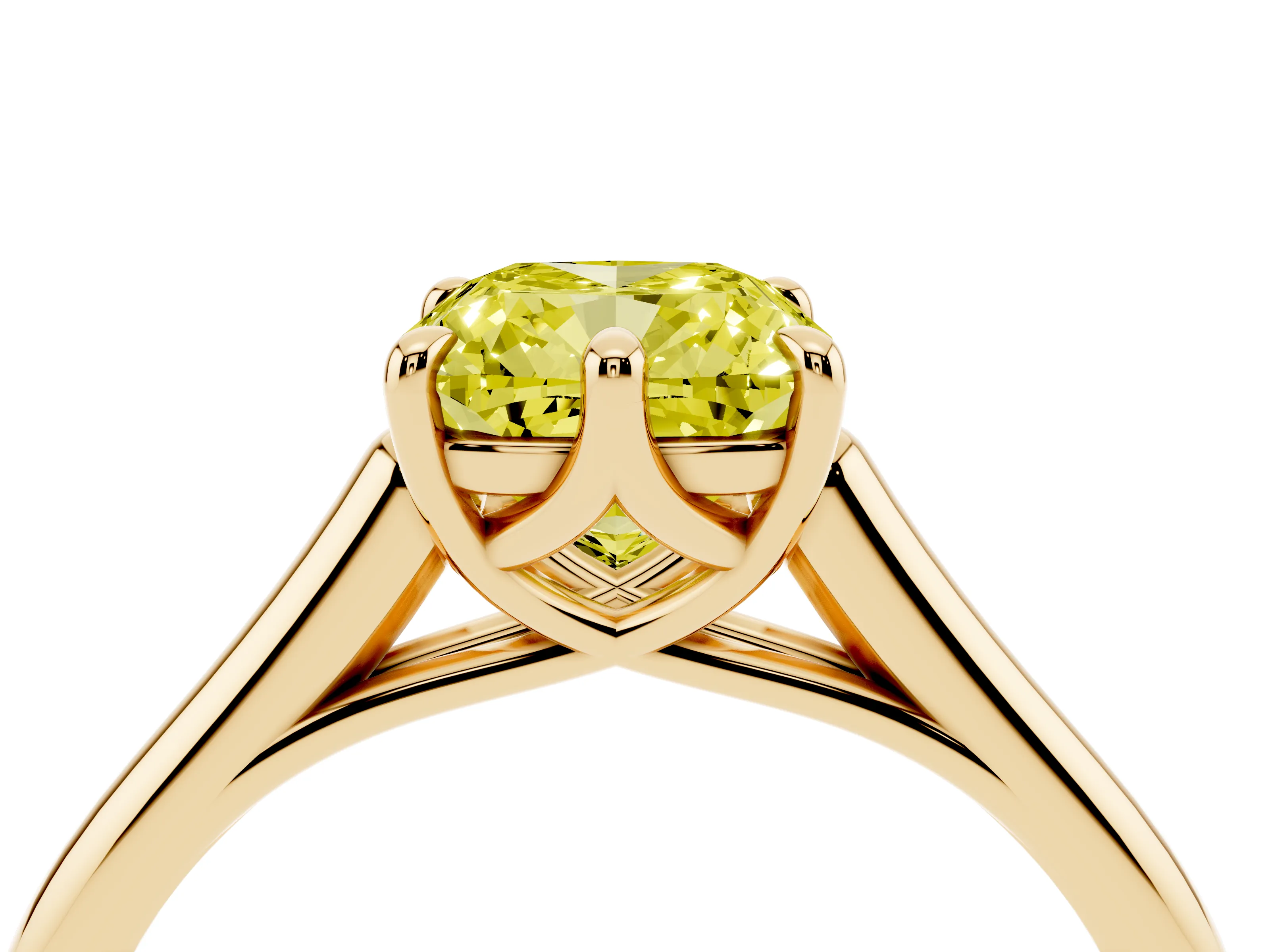 Fancy Yellow Cushion Cut Diamond Solitaire Engagement Ring Set in Yellow gold with Prong Setting and Plain Classic Band