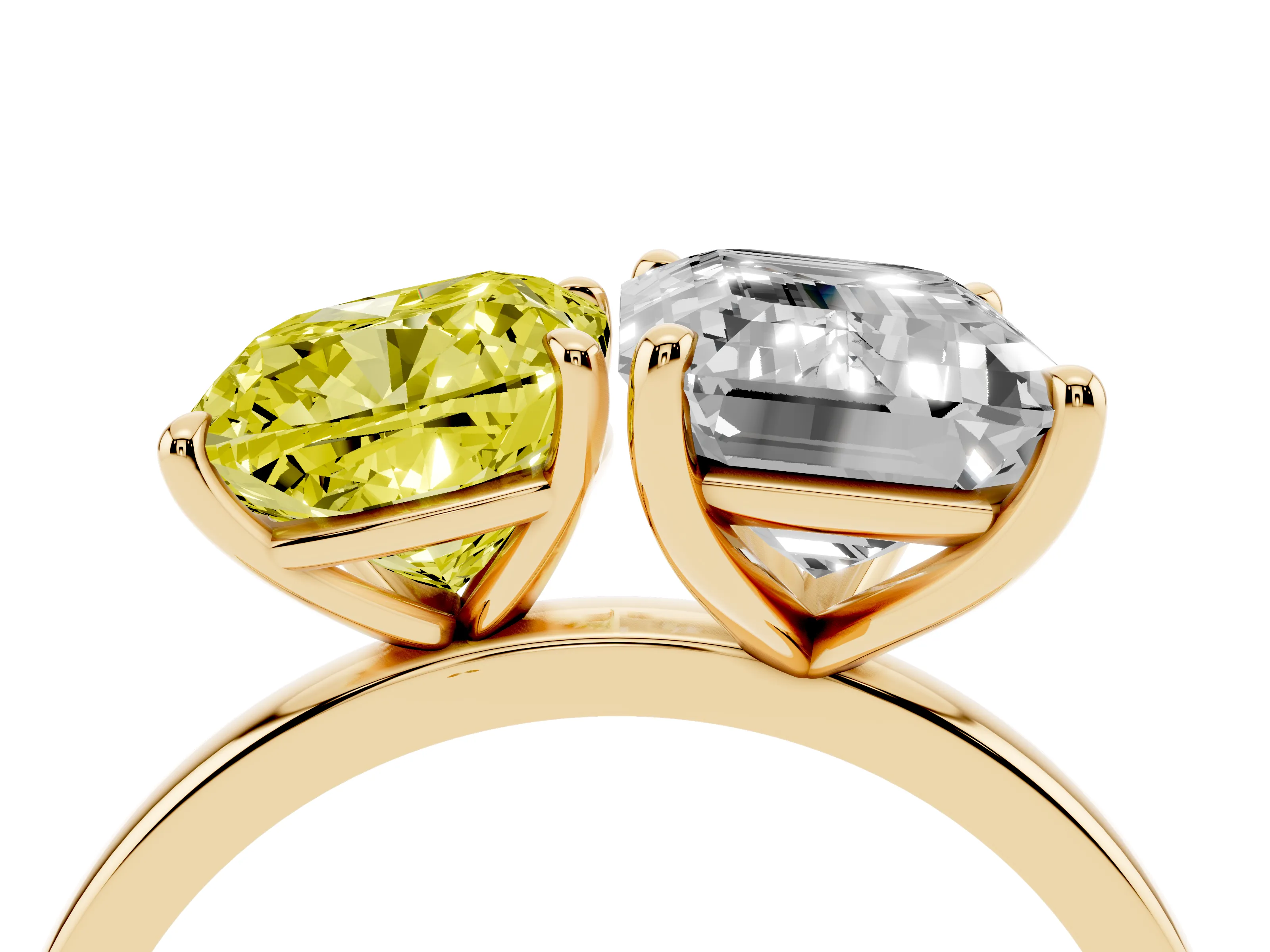 Fancy Yellow Cushion Cut and Emerald Cut Toi Moi Ring Set in Yellow gold with Prong Setting