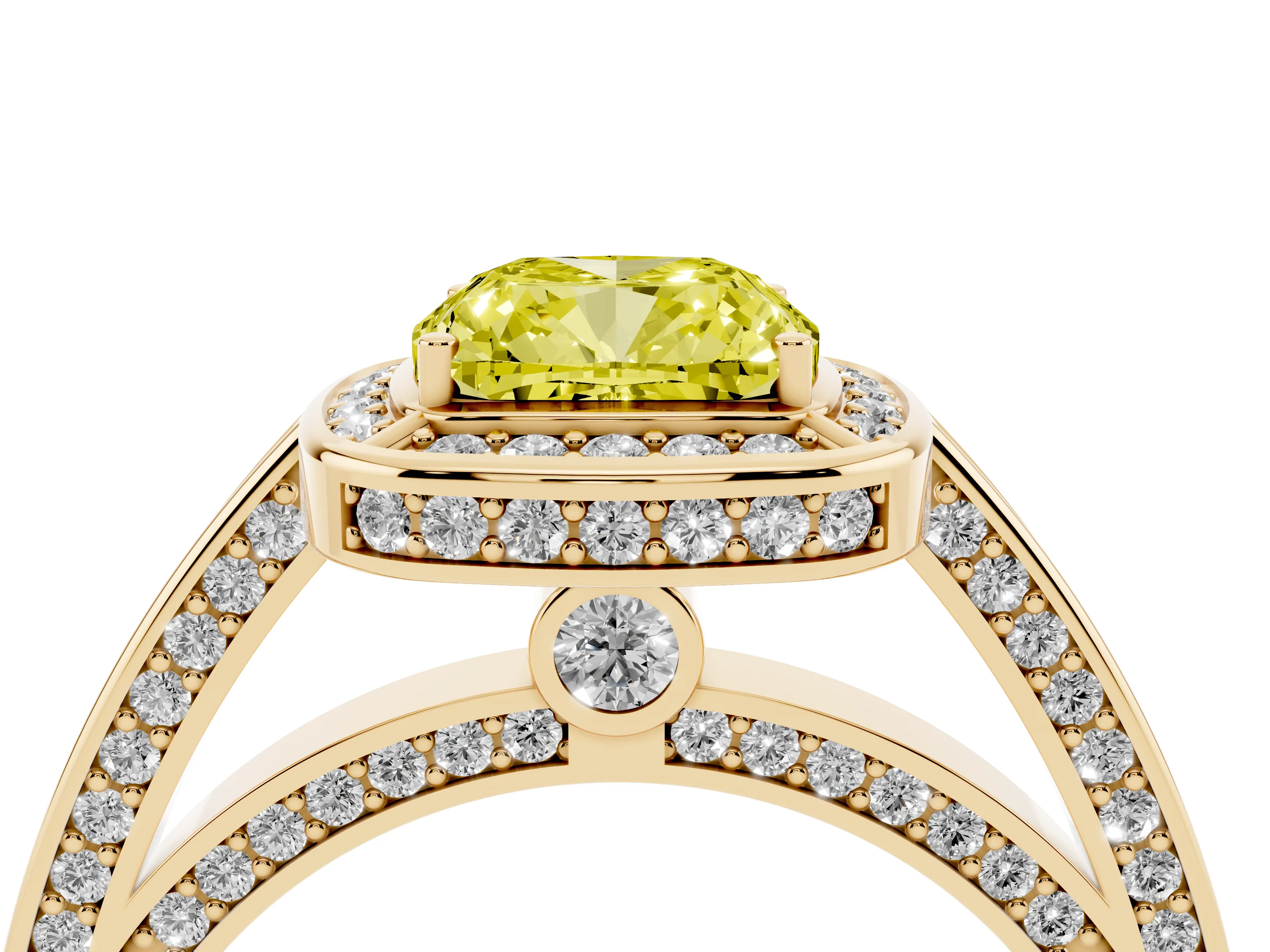 Fancy Yellow Cushion Cut Diamond Halo Pavé Split Shank Ring Set in Yellow gold with Prong Setting