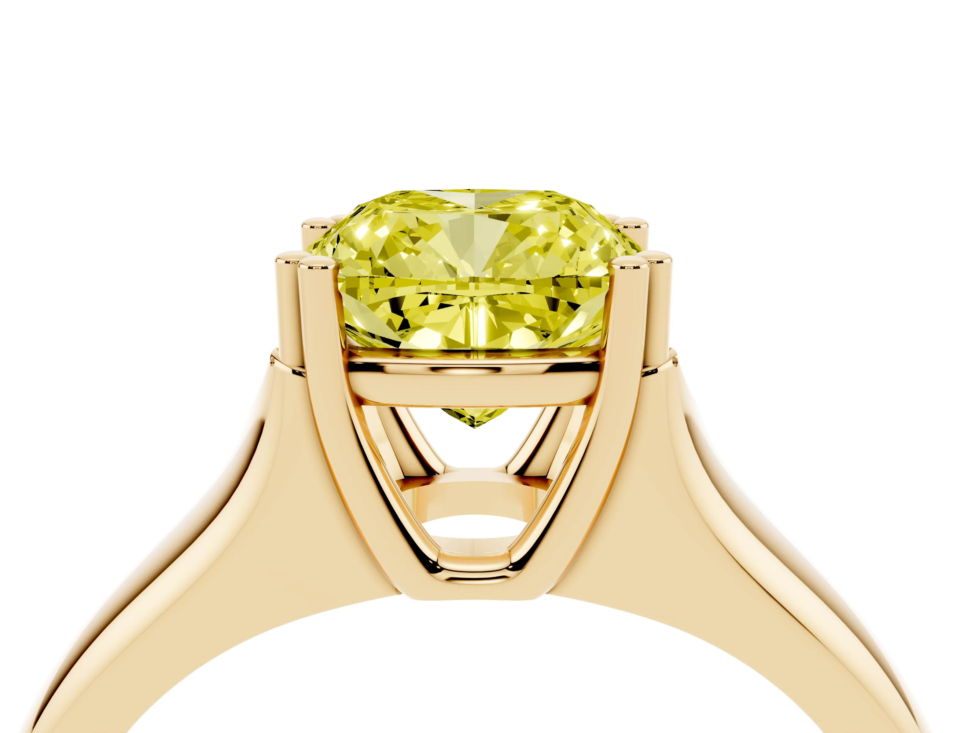 Fancy Yellow Cushion Cut Diamond Solitaire Ring Set in Yellow gold with Wide Band and Prong Setting
