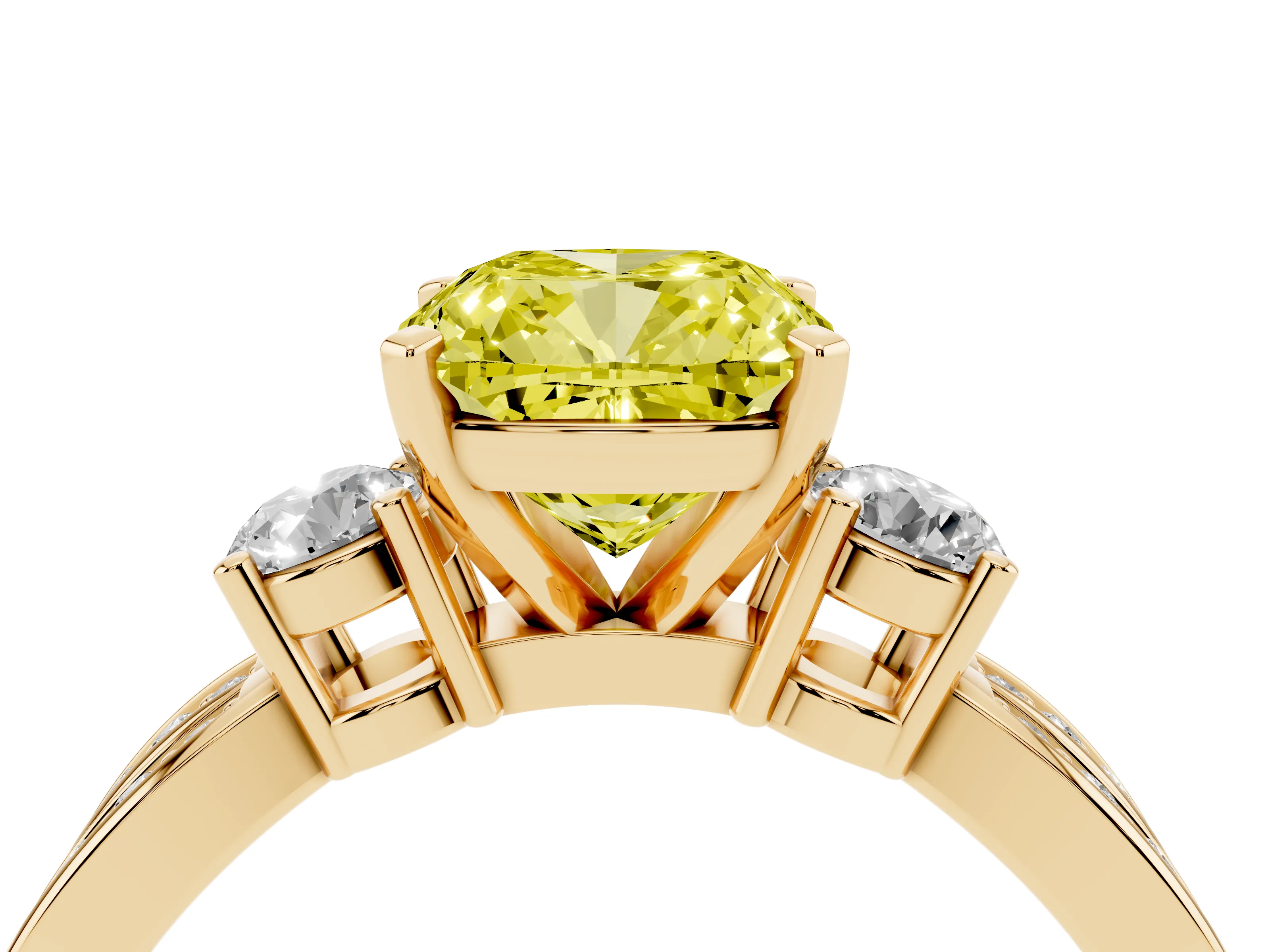 Fancy Yellow Three-Stone Cushion Cut Diamond Twist Band Ring Set in Yellow gold with Pavé Accents and Prong Setting