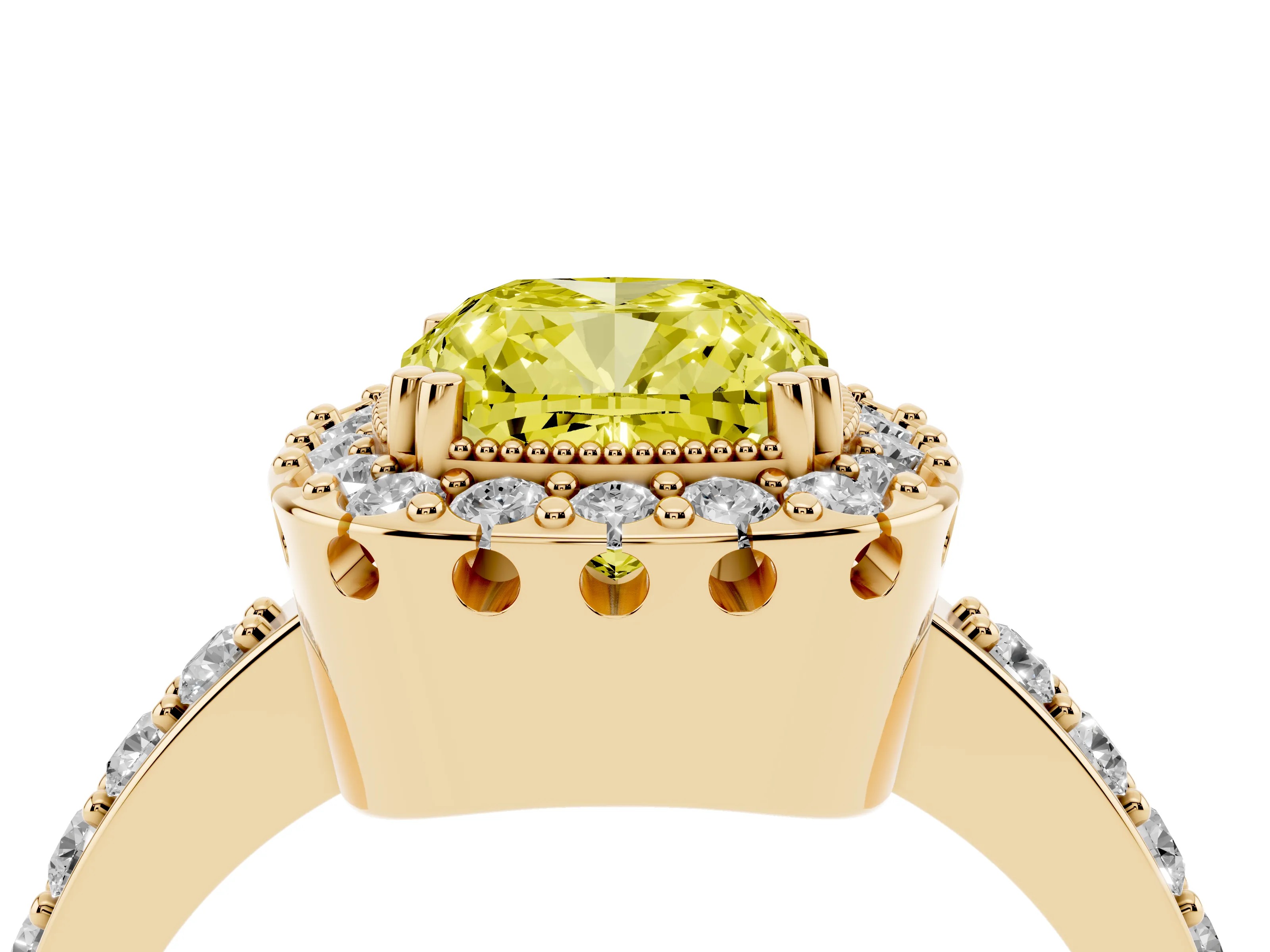 Fancy Yellow Cushion Cut Diamond Halo Ring Set in Yellow gold with Pavé Shank and Prong Setting