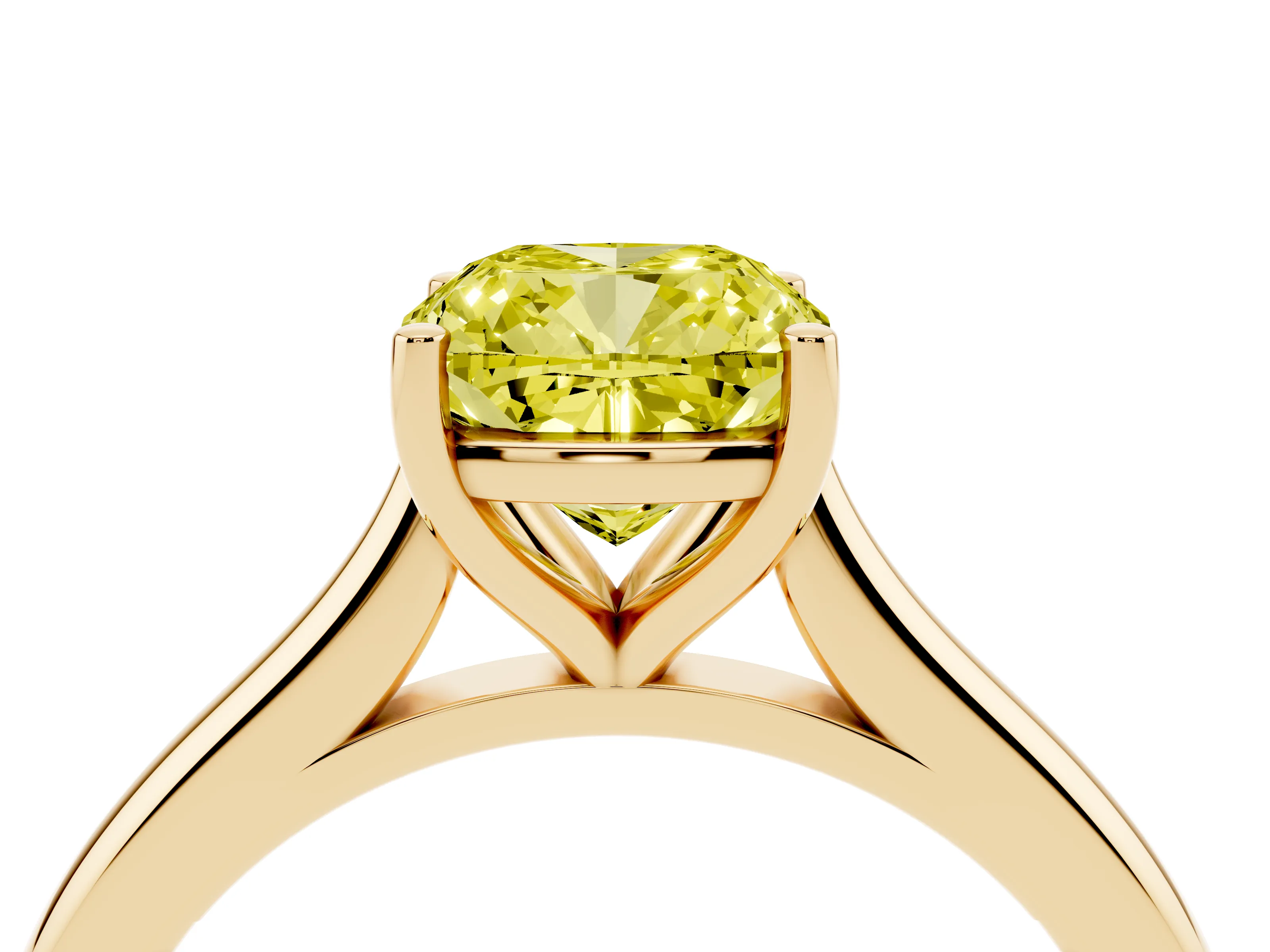 Fancy Yellow Cushion Cut Diamond Solitaire Ring Set in Yellow gold with Cathedral Band and Prong Setting