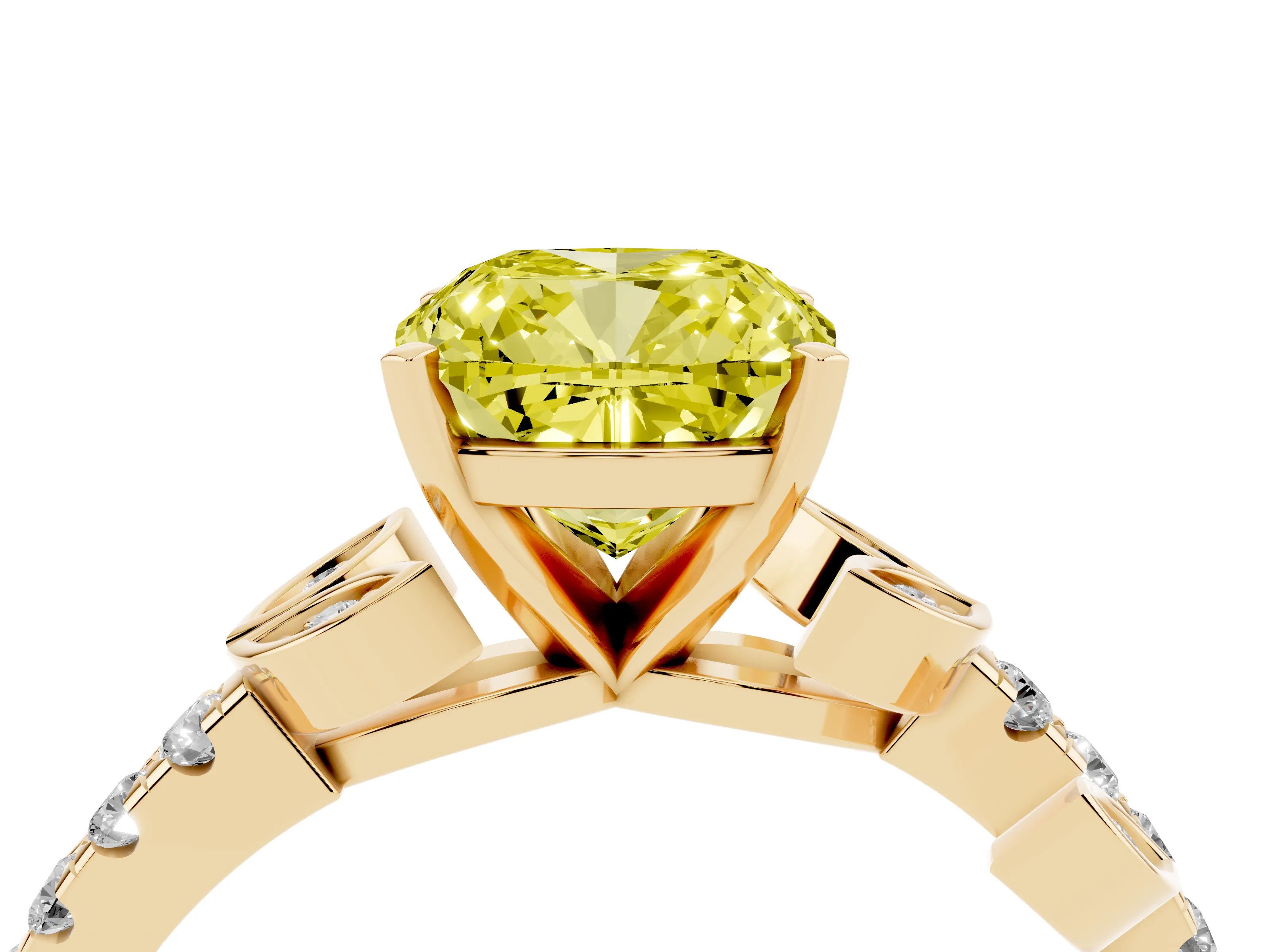 Fancy Yellow Cushion Cut Diamond Solitaire Leaf-Inspired Ring Set in Yellow gold with Pavé Band and Prong Setting