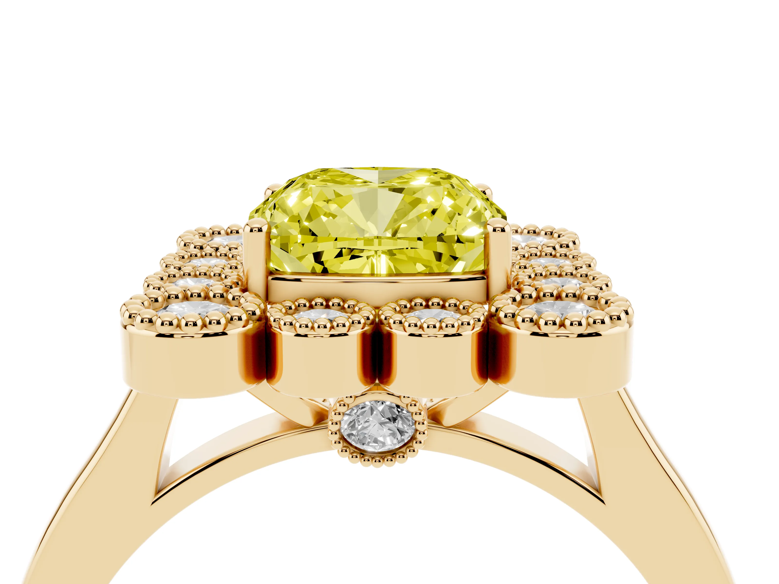 Fancy Yellow Cushion Cut Diamond Cluster Halo Ring Set in Yellow gold with Milgrain Bezel Accents and Plain Band