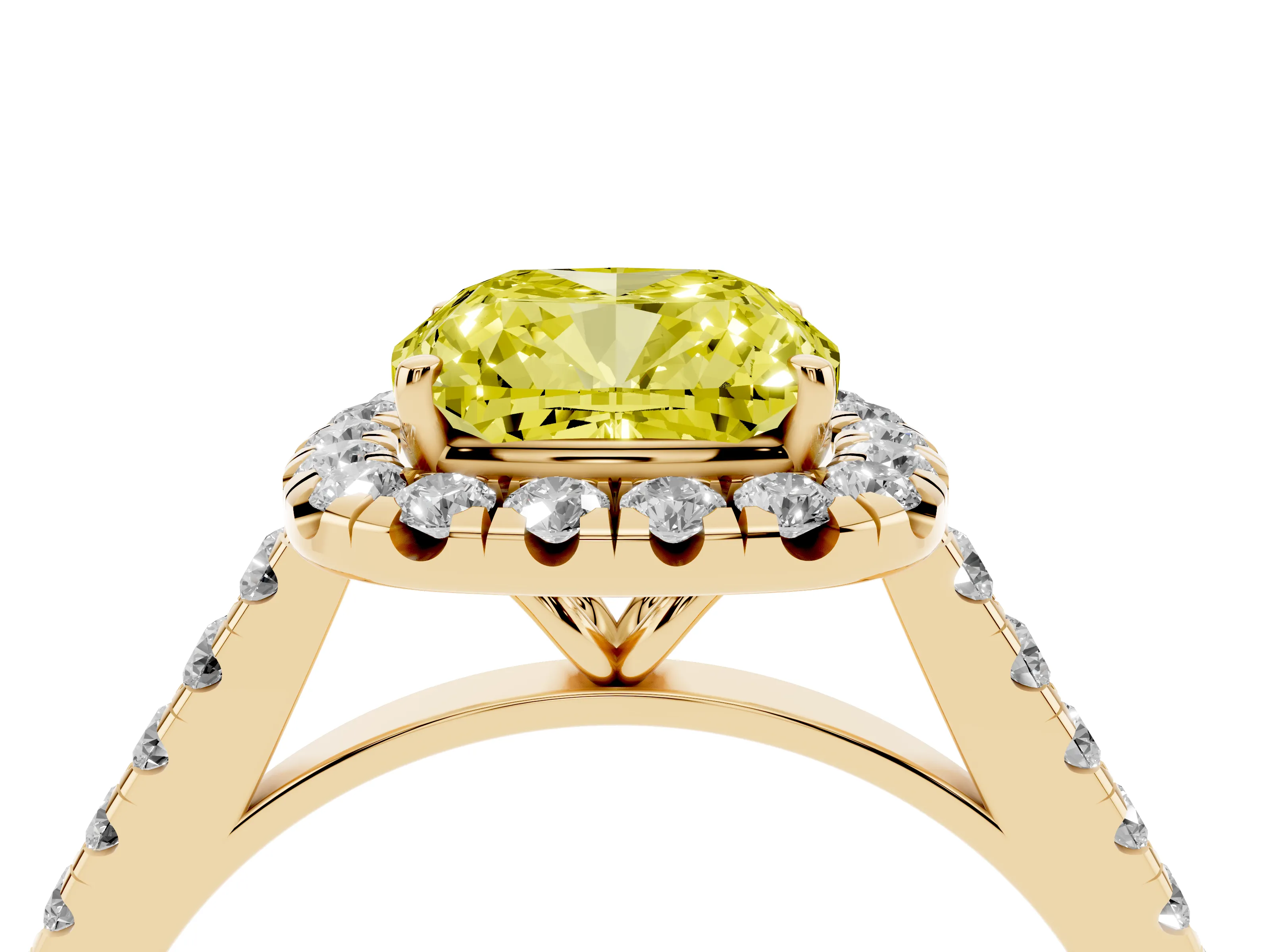 Fancy Yellow Cushion Cut Diamond Halo Pavé Engagement Ring Set in Yellow gold with Prong Setting