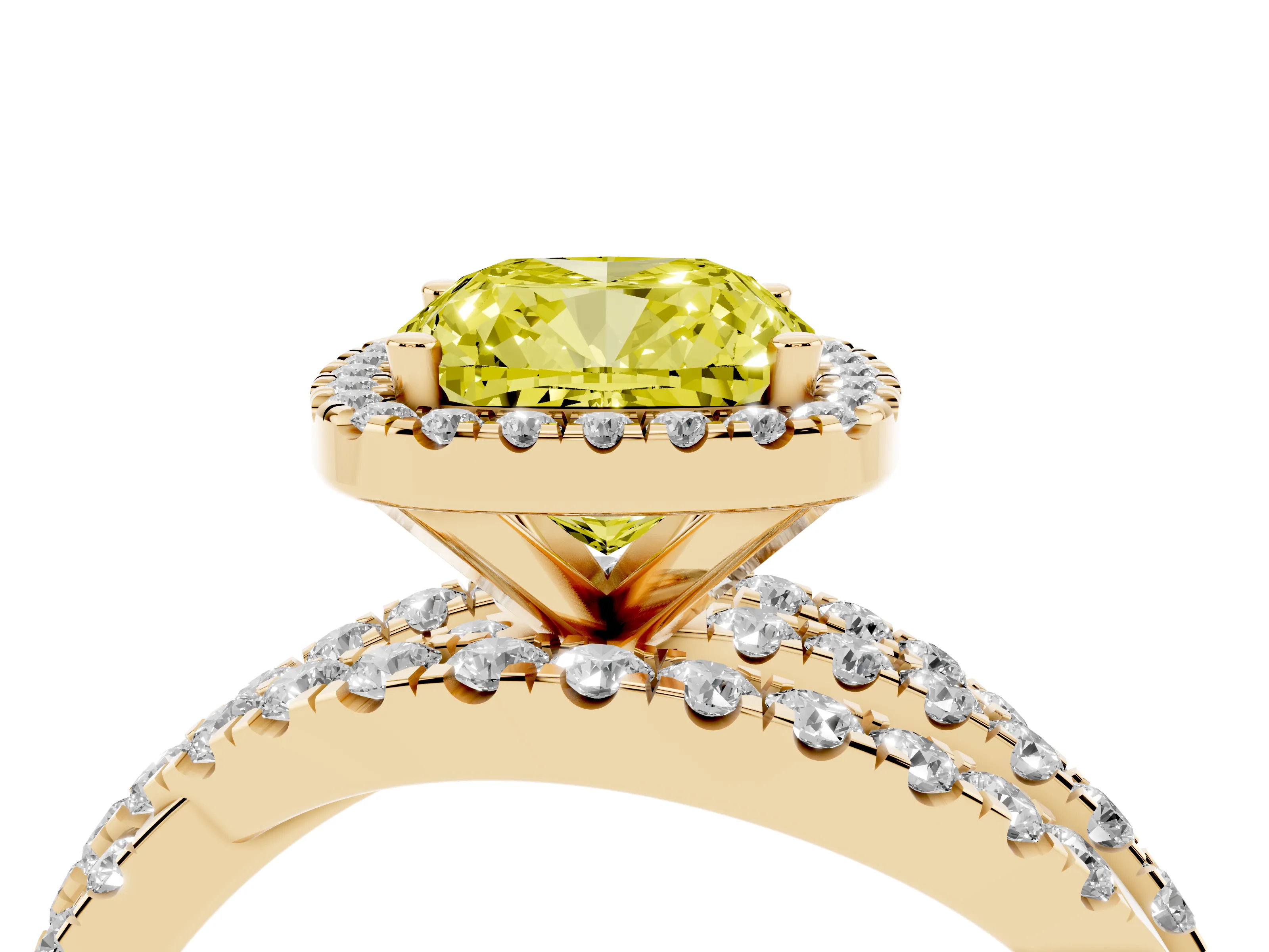 Fancy Yellow Cushion Cut Diamond Halo Ring Set in Yellow gold with Round Crossover Split Shank and Prong Setting