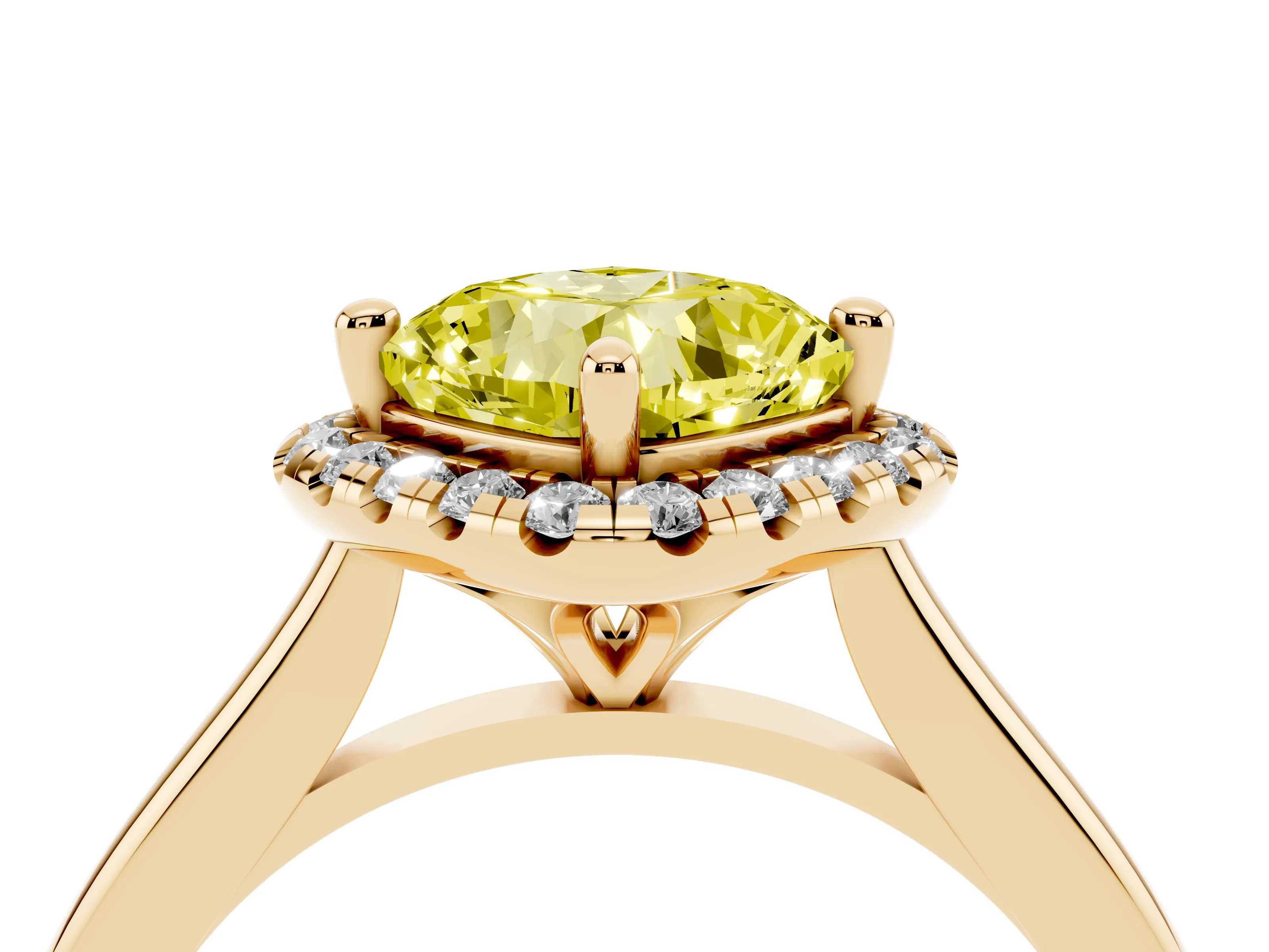 Fancy Yellow Cushion Cut Diamond Halo Engagement Ring Set in Yellow gold with Pavé Band and Rising Shoulders