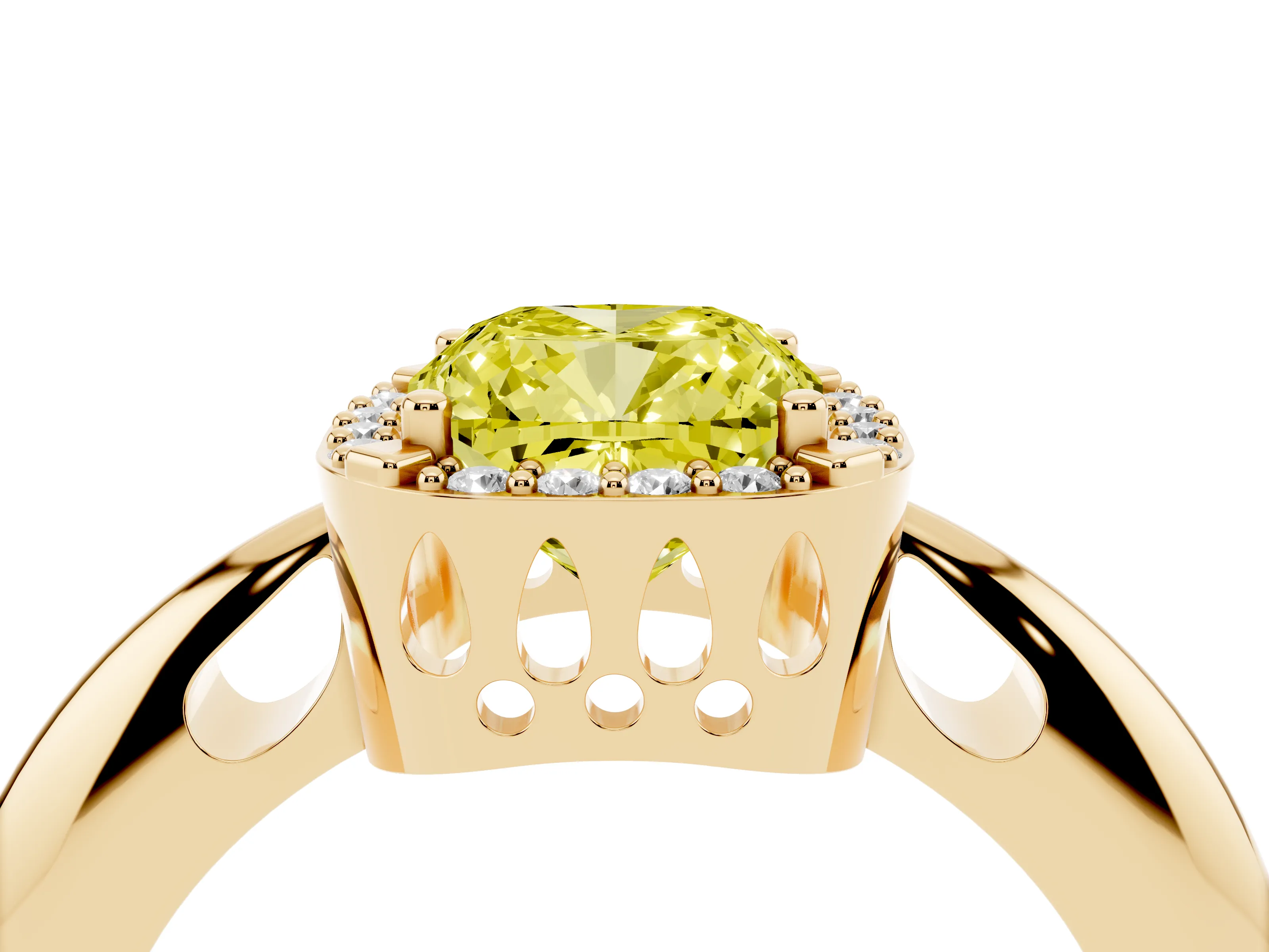 Fancy Yellow Cushion Cut Diamond Halo Engagement Ring Set in Yellow gold with Plain Split Shank and Prong Setting