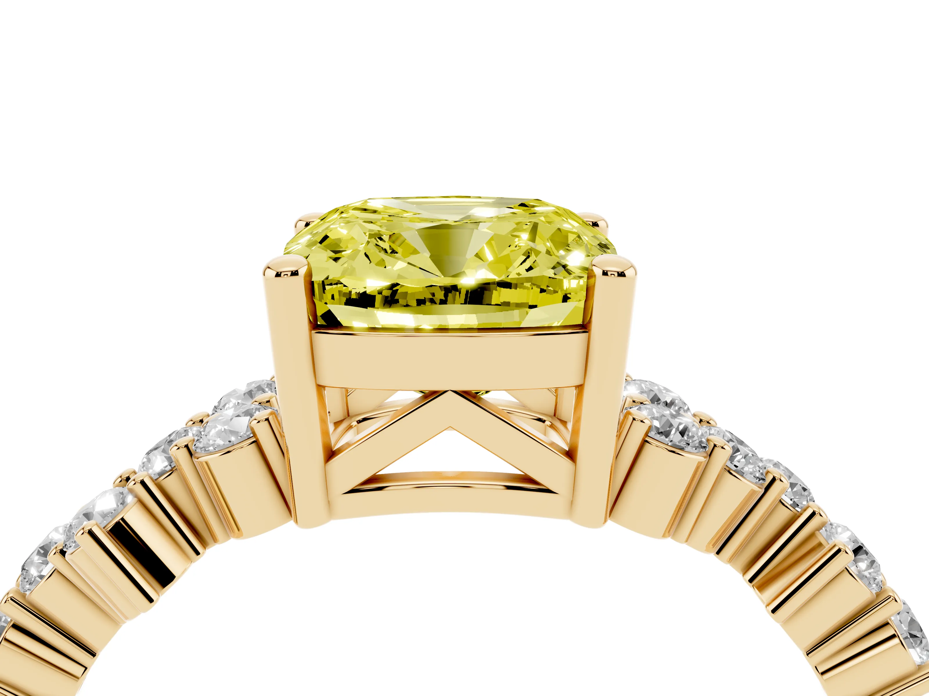 Fancy Yellow Cushion Cut Diamond Ring Set in Yellow gold with Scattered Round Accents