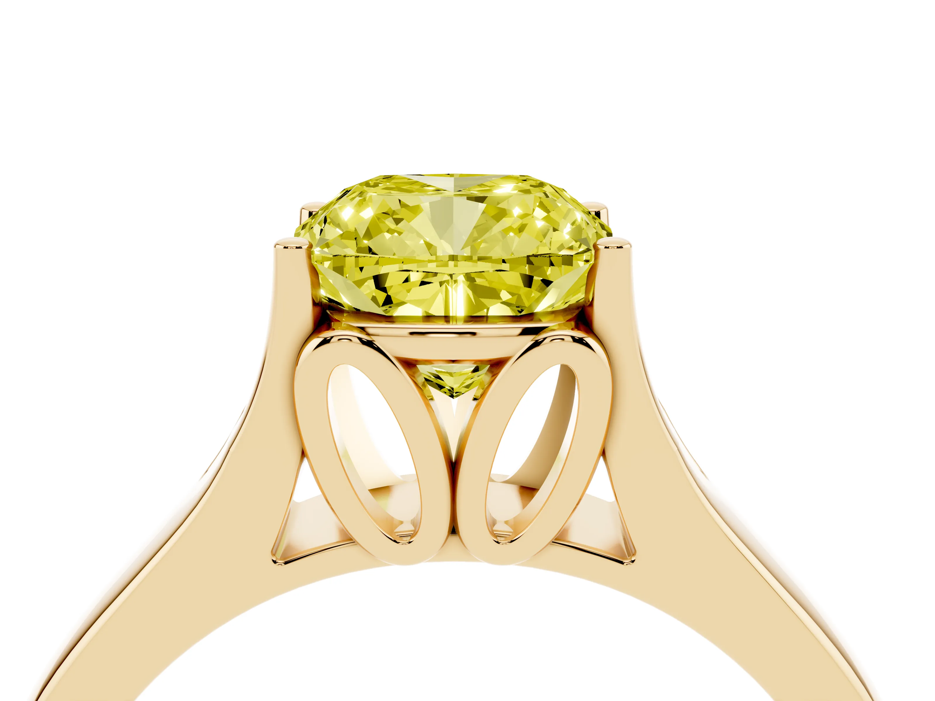 Fancy Yellow Cushion Cut Diamond Solitaire Ring Set in Yellow gold with Arched Cathedral Band and Prong Setting