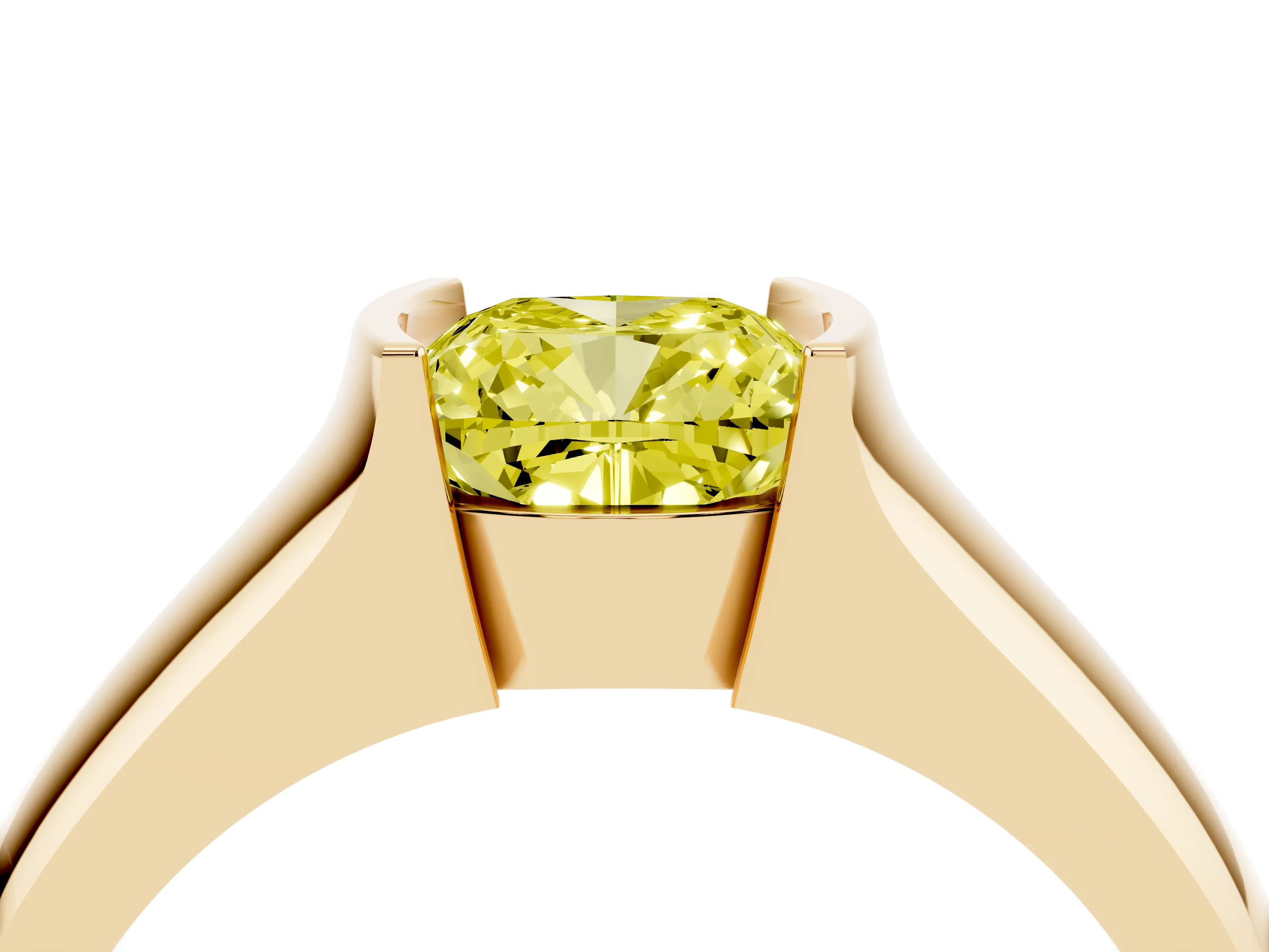 Fancy Yellow Cushion Cut Diamond Bezel Solitaire Ring Set in Yellow gold with Wide Band