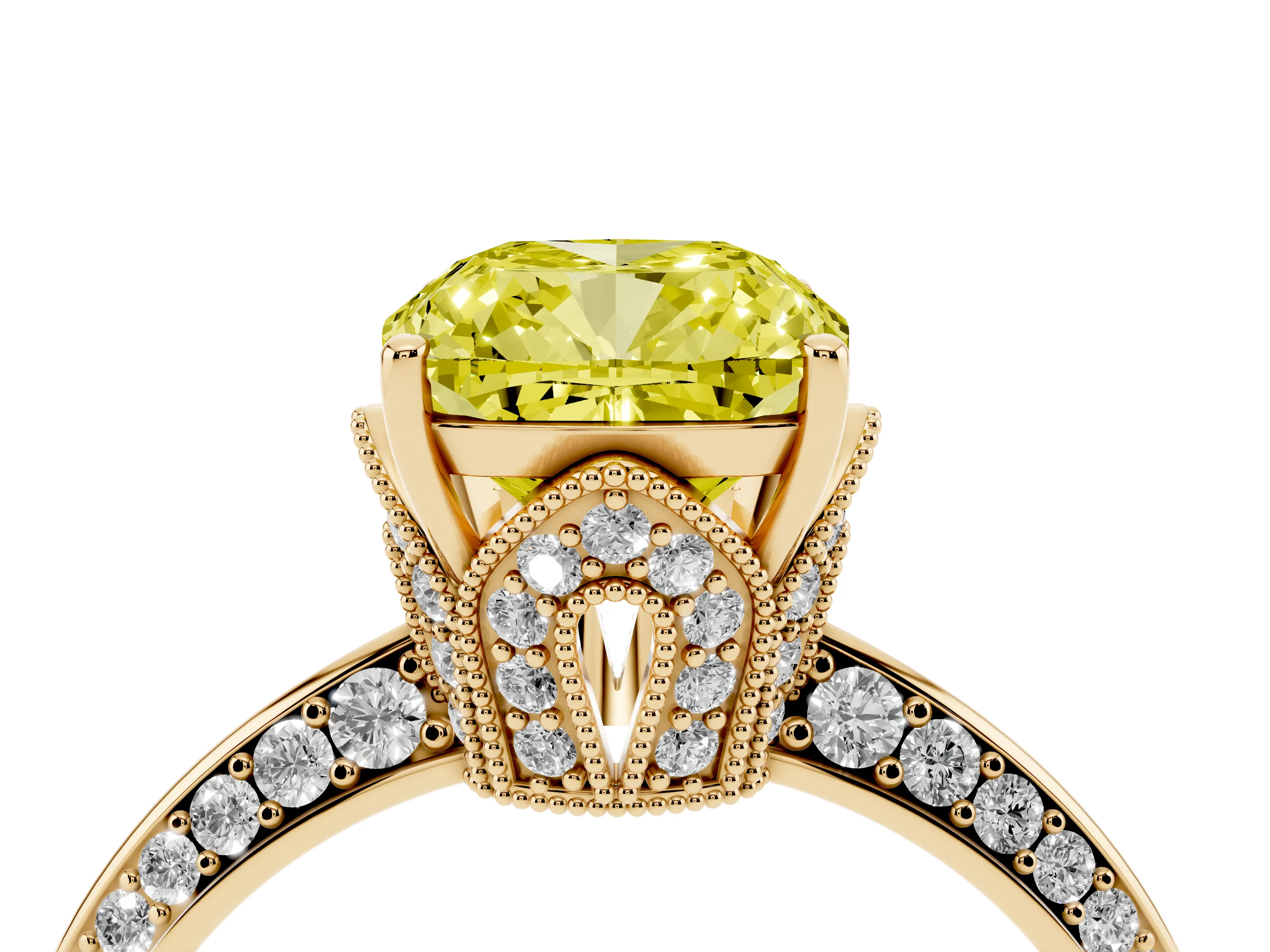 Fancy Yellow Cushion Cut Diamond Solitaire Engagement Ring Set in Yellow gold with Pavé Split Shank and Prong Setting