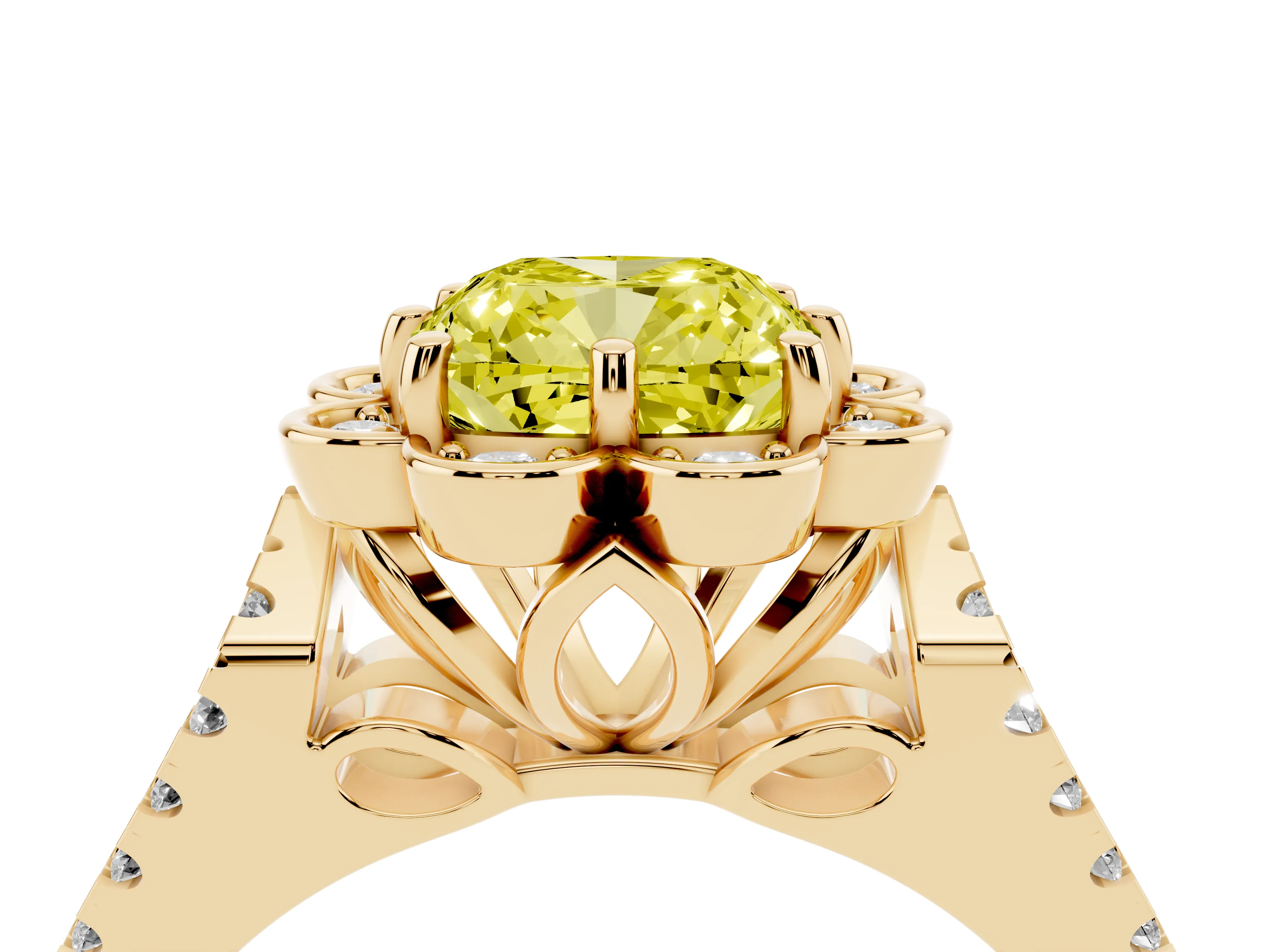 Fancy Yellow Cushion Cut Diamond Floral Halo Split Shank Engagement Ring Set in Yellow gold with Pavé Shank