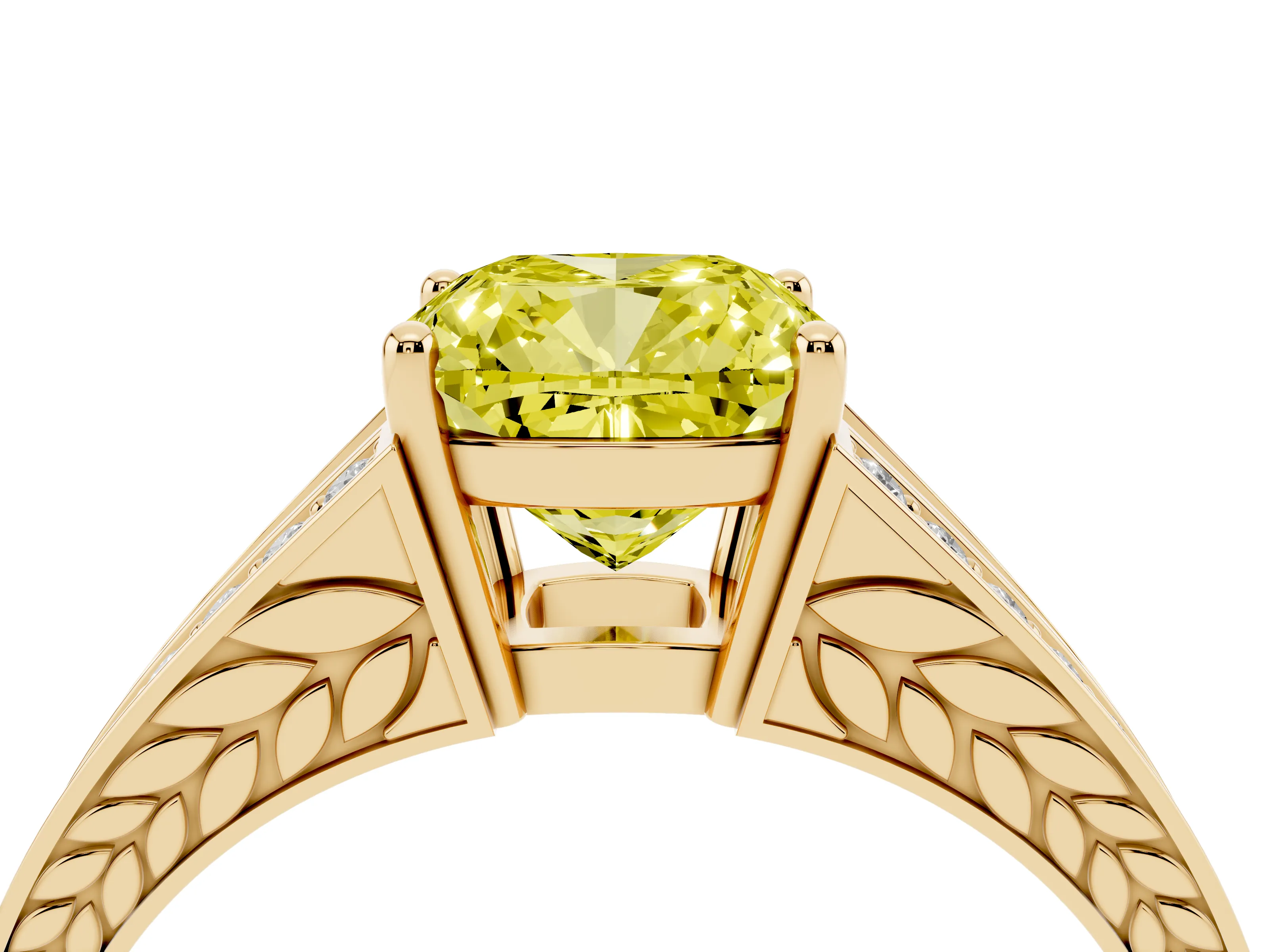 Fancy Yellow Cushion Cut Diamond Split Shank Ring Set in Yellow gold with Pavé Band and Prong Setting