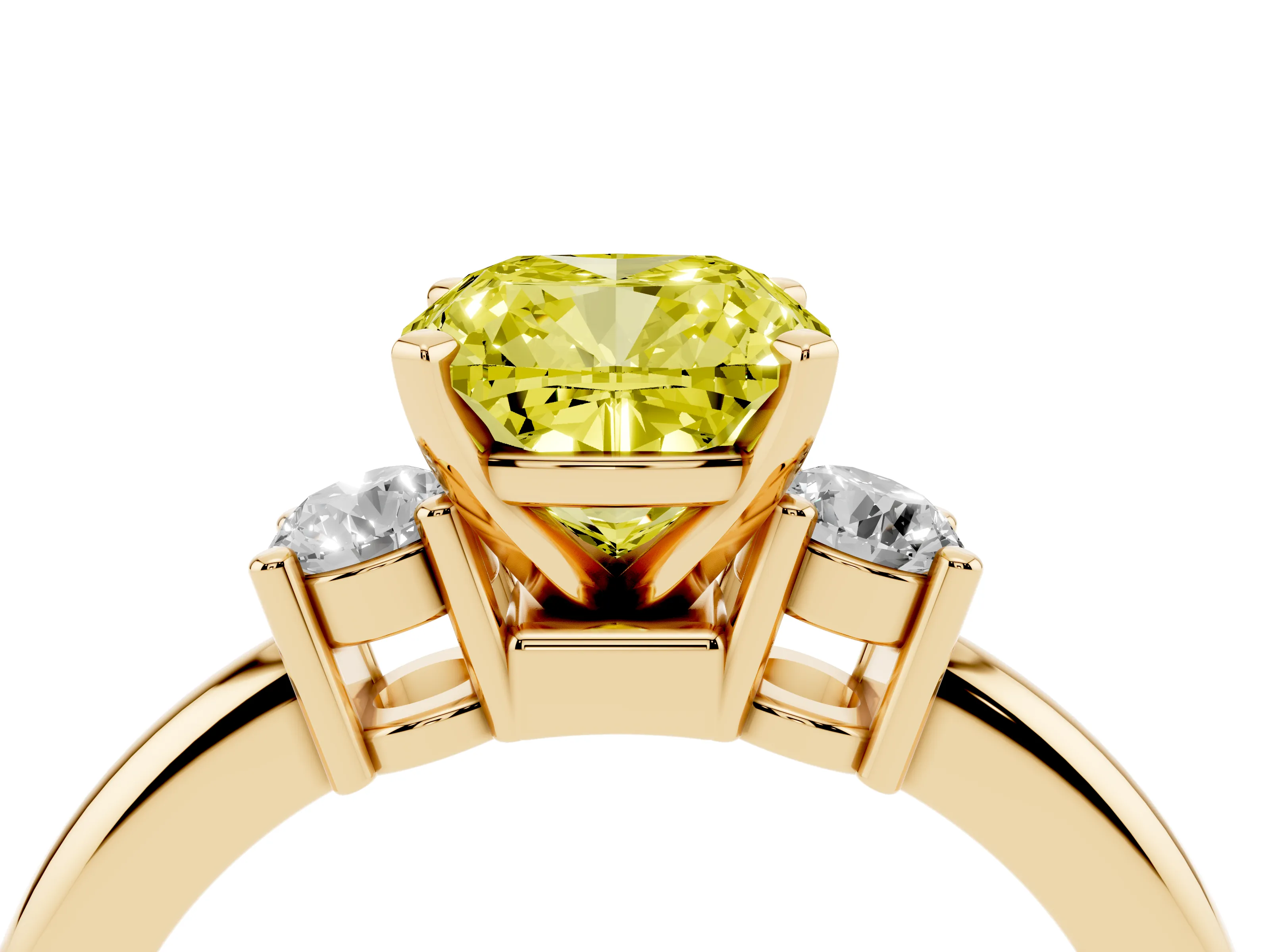 Fancy Yellow Three-Stone Cushion Cut Diamond Ring Set in Yellow gold with Prong Setting and Plain Band