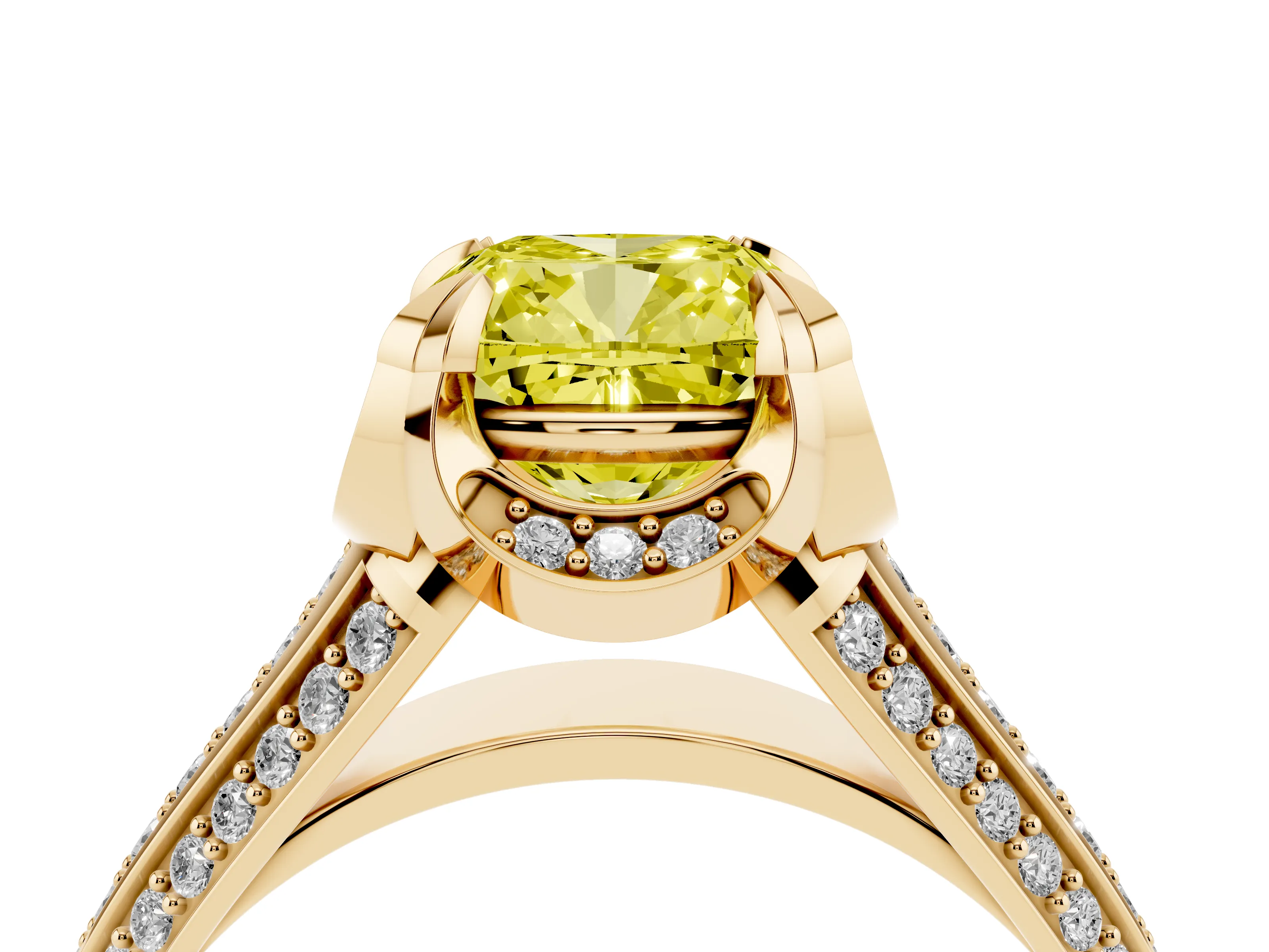 Fancy Yellow Cushion Cut Diamond Pavé Split Shank Solitaire Ring Set in Yellow gold with Prong Setting