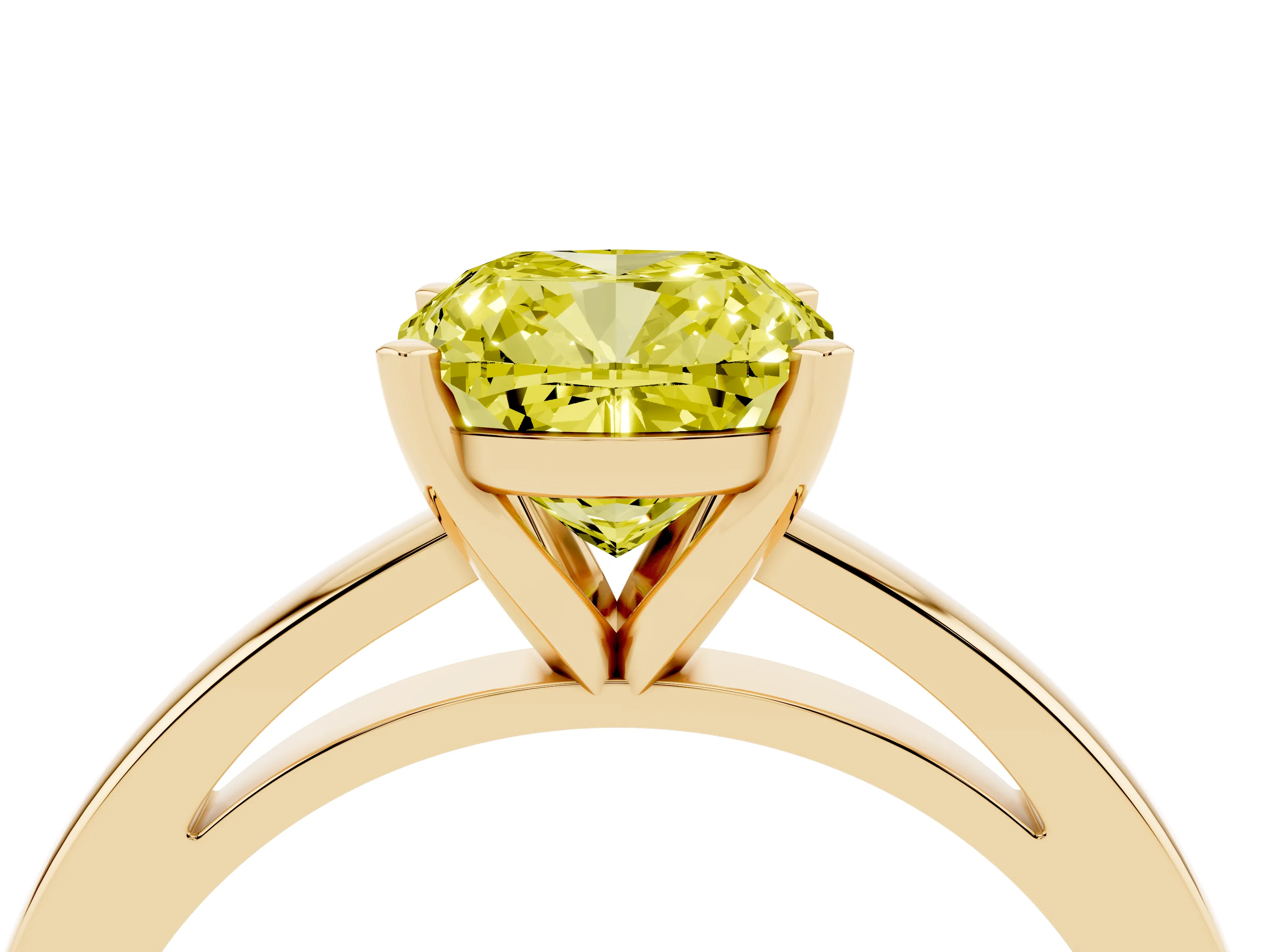 Fancy Yellow Cushion Cut Diamond Solitaire Engagement Ring Set in Yellow gold with Prong Setting on a Classic Band