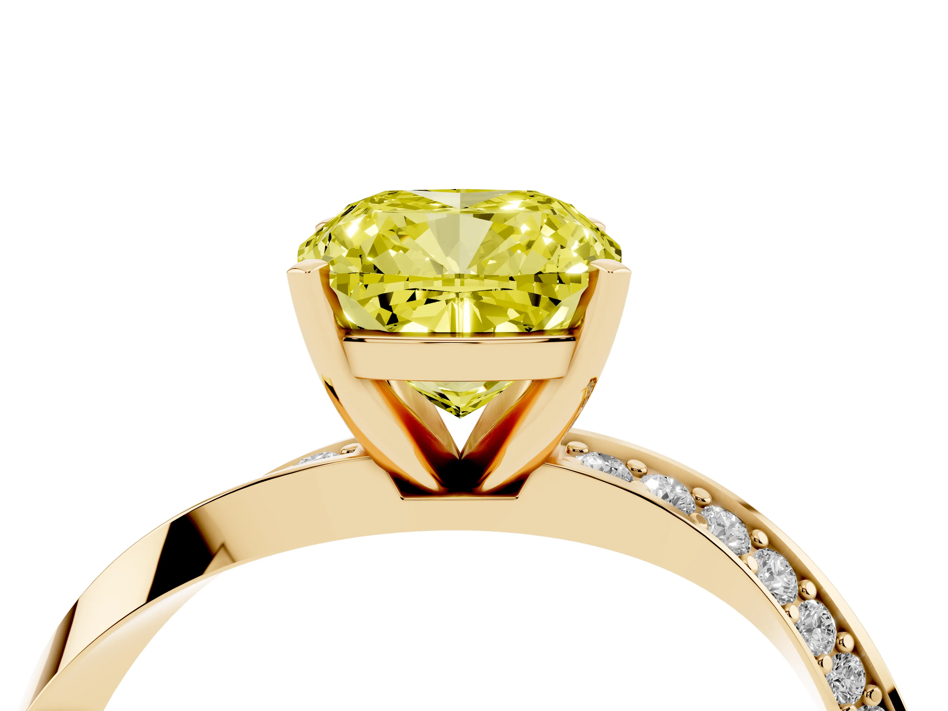 Fancy Yellow Cushion Cut Diamond Engagement Ring Set in Yellow gold with Side Stone Accents and Prong Setting