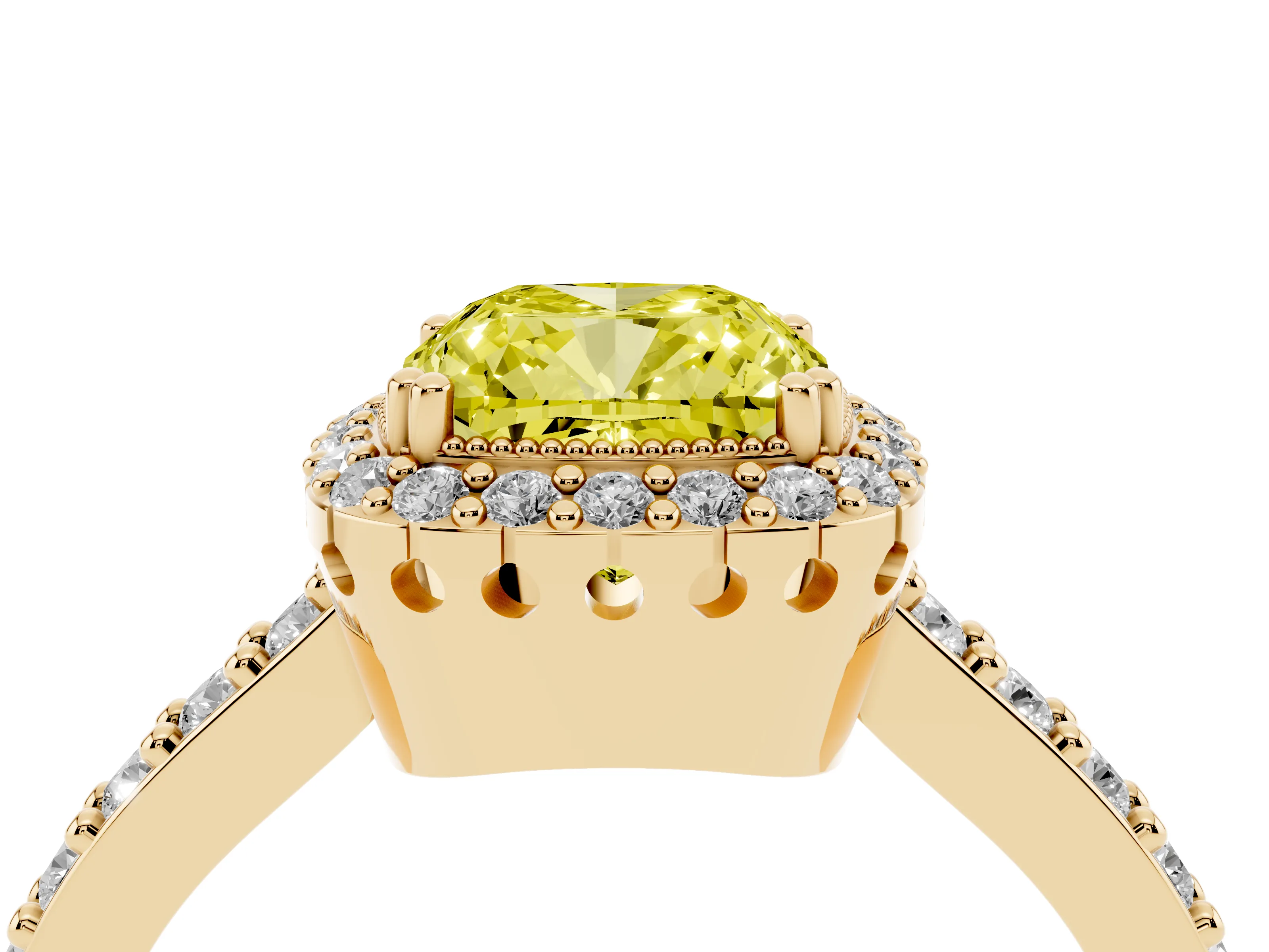 Fancy Yellow Cushion Cut Diamond Halo Engagement Ring Set in Yellow gold with Milgrain Detail and Pavé Band