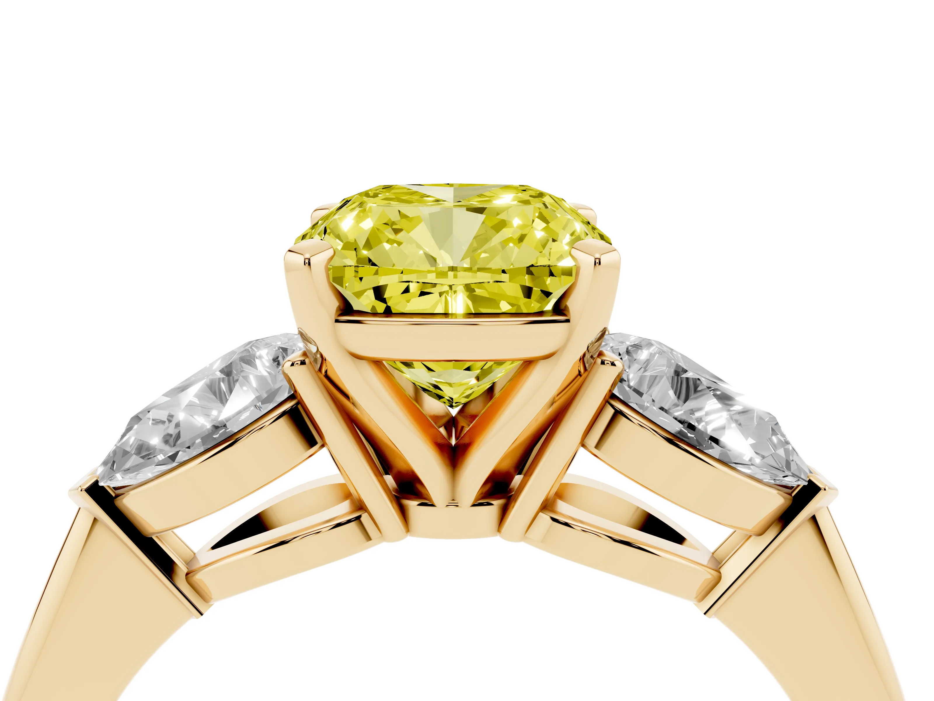 Fancy Yellow Three-Stone Cushion Cut Diamond Ring Set in Yellow gold with Pear Side Stones and Prong Setting