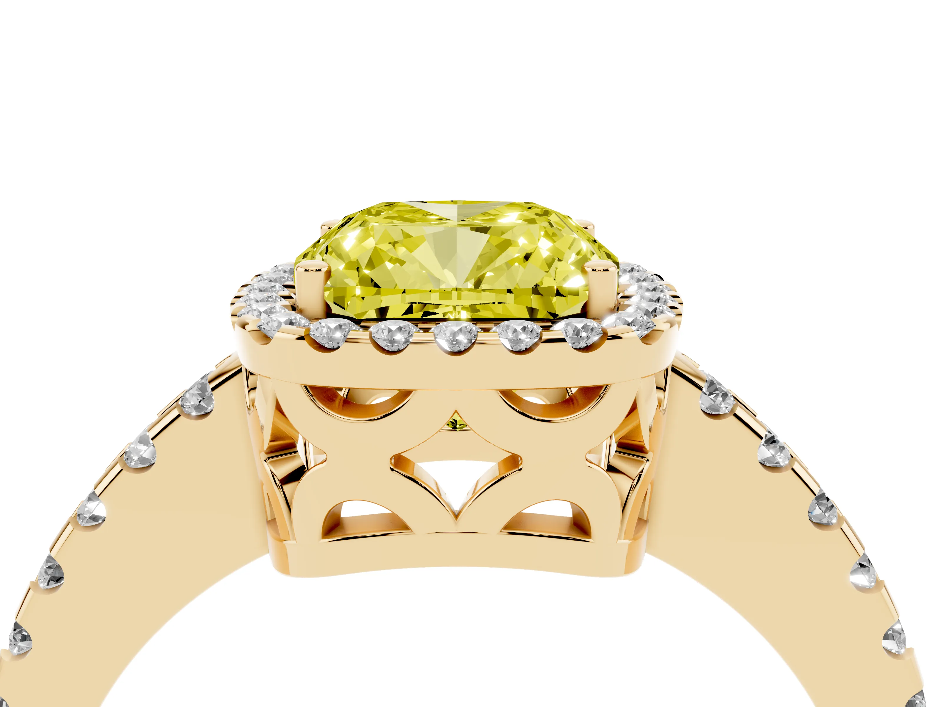 Fancy Yellow Cushion Cut Diamond Halo Ring Set in Yellow gold with Pavé Shoulders and Halo-Framed Center