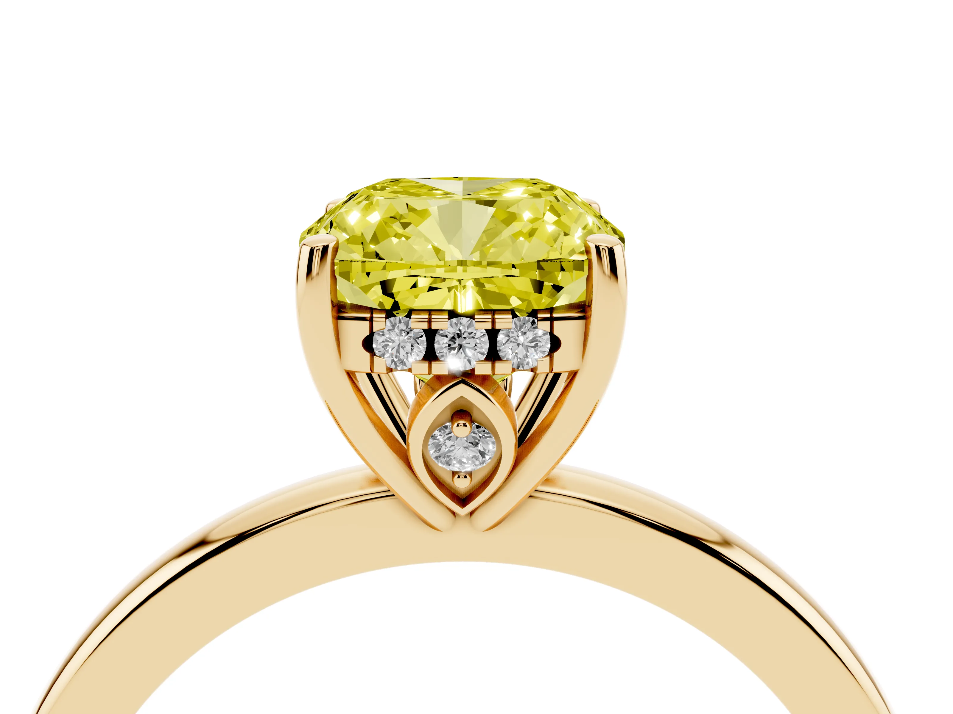 Fancy Yellow Cushion Cut Diamond Solitaire Ring Set in Yellow gold with Plain Band and Prong Setting