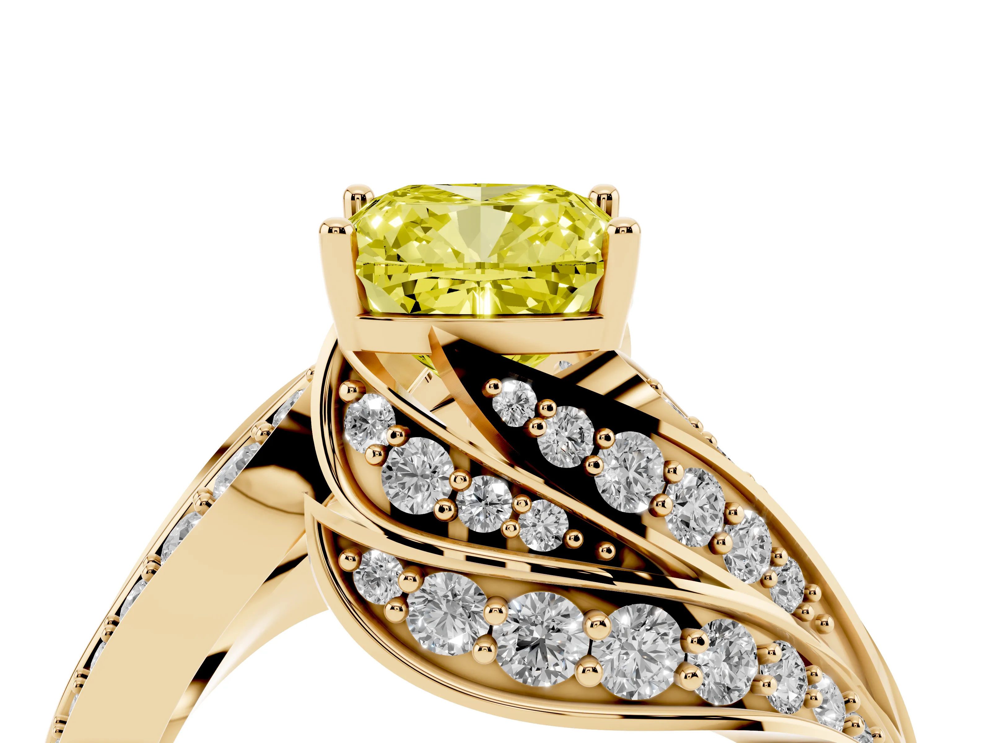 Fancy Yellow Cushion Cut Diamond Solitaire Ring Set in Yellow gold with Layered Twist Pavé Band