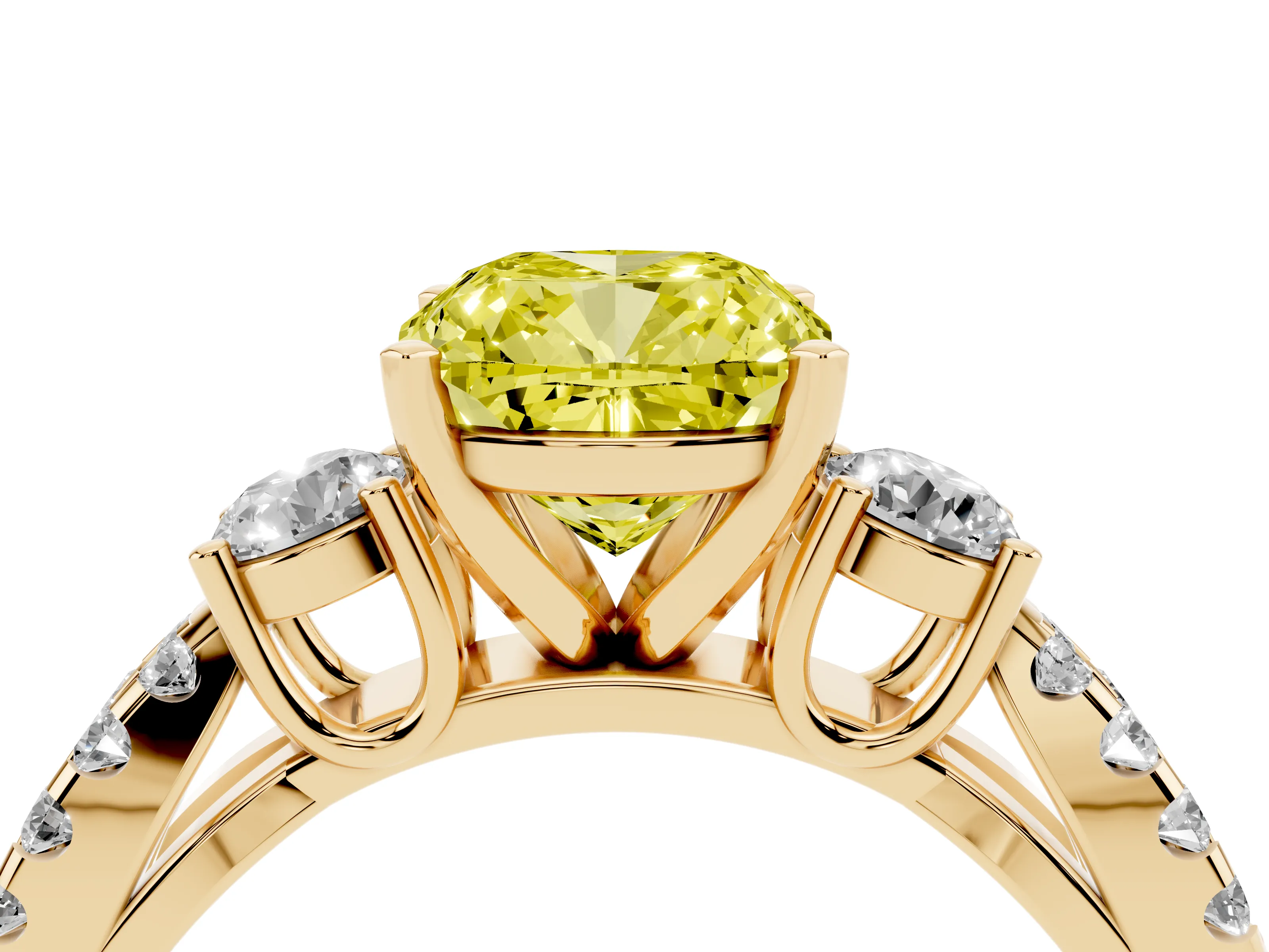 Fancy Yellow Cushion Cut Diamond Three-Stone Ring Set in Yellow gold with Pavé Split Shank and Prong Setting